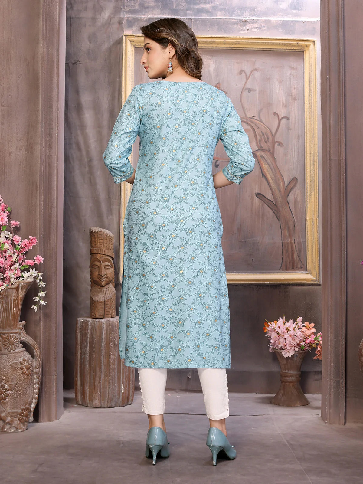 Buy Rayon Printed Calf Length Straight Kurta-Mint Green