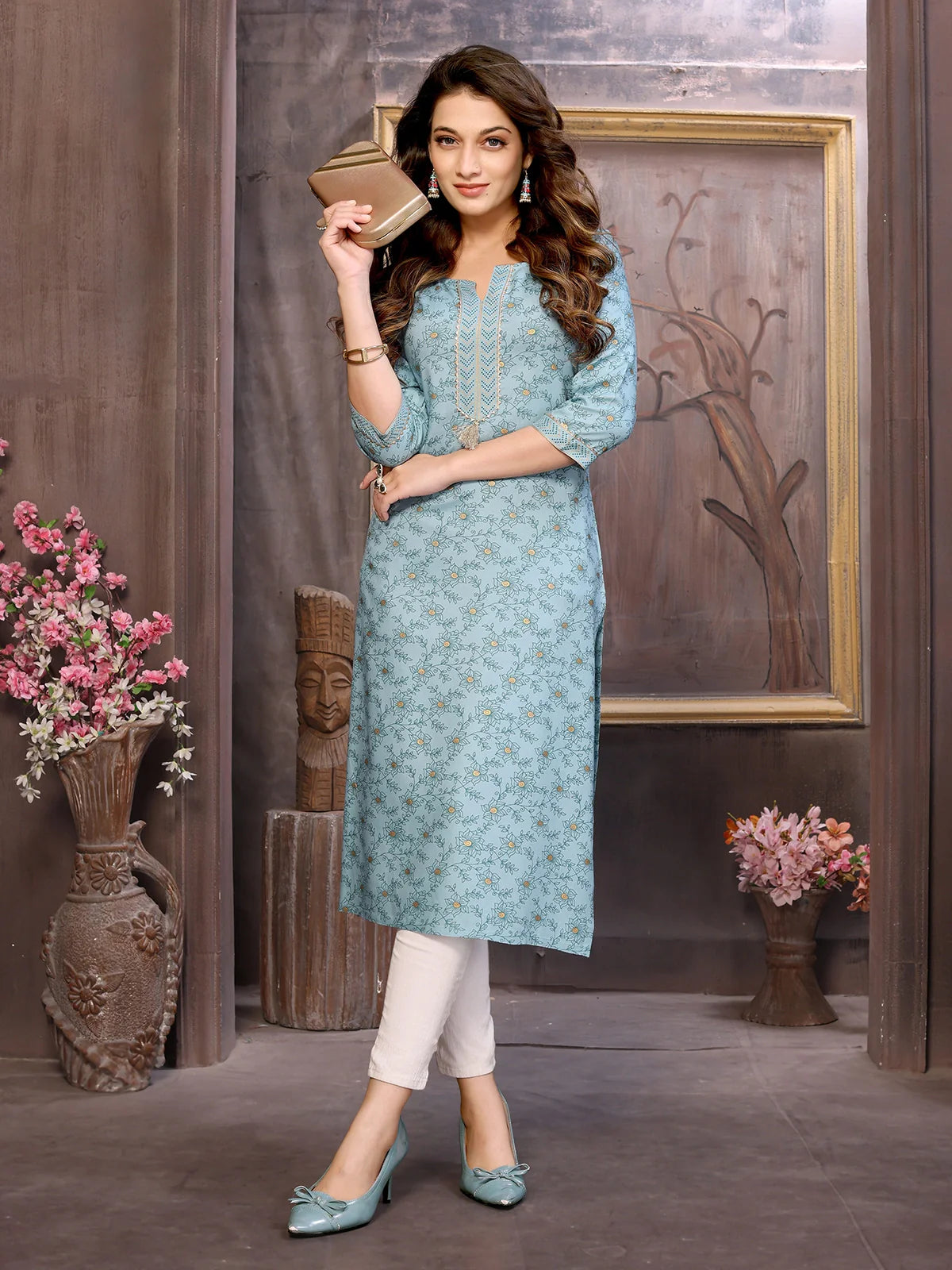 Buy Rayon Printed Calf Length Straight Kurta-Mint Green