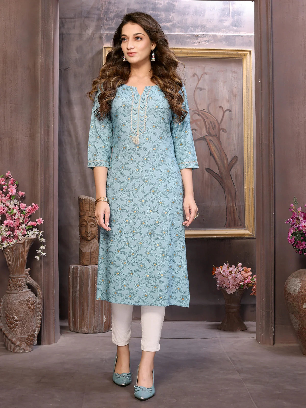 Buy Rayon Printed Calf Length Straight Kurta-Mint Green