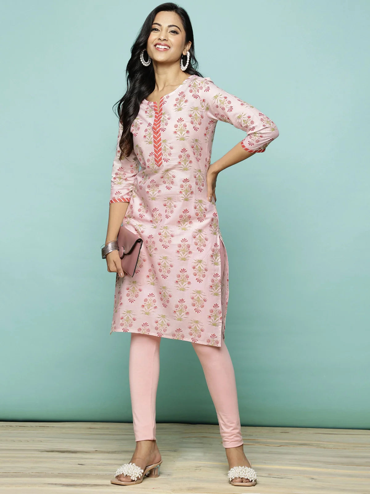 Buy Cotton Floral Printed Knee Length Straight Kurta-Pink