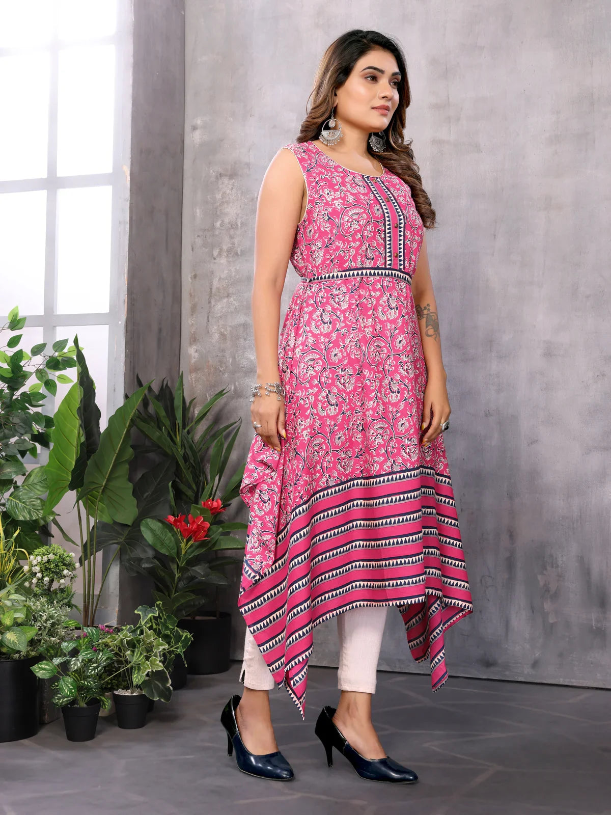 Buy Rayon Printed Calf Length Asymmetric Ethnic Dress-Pink