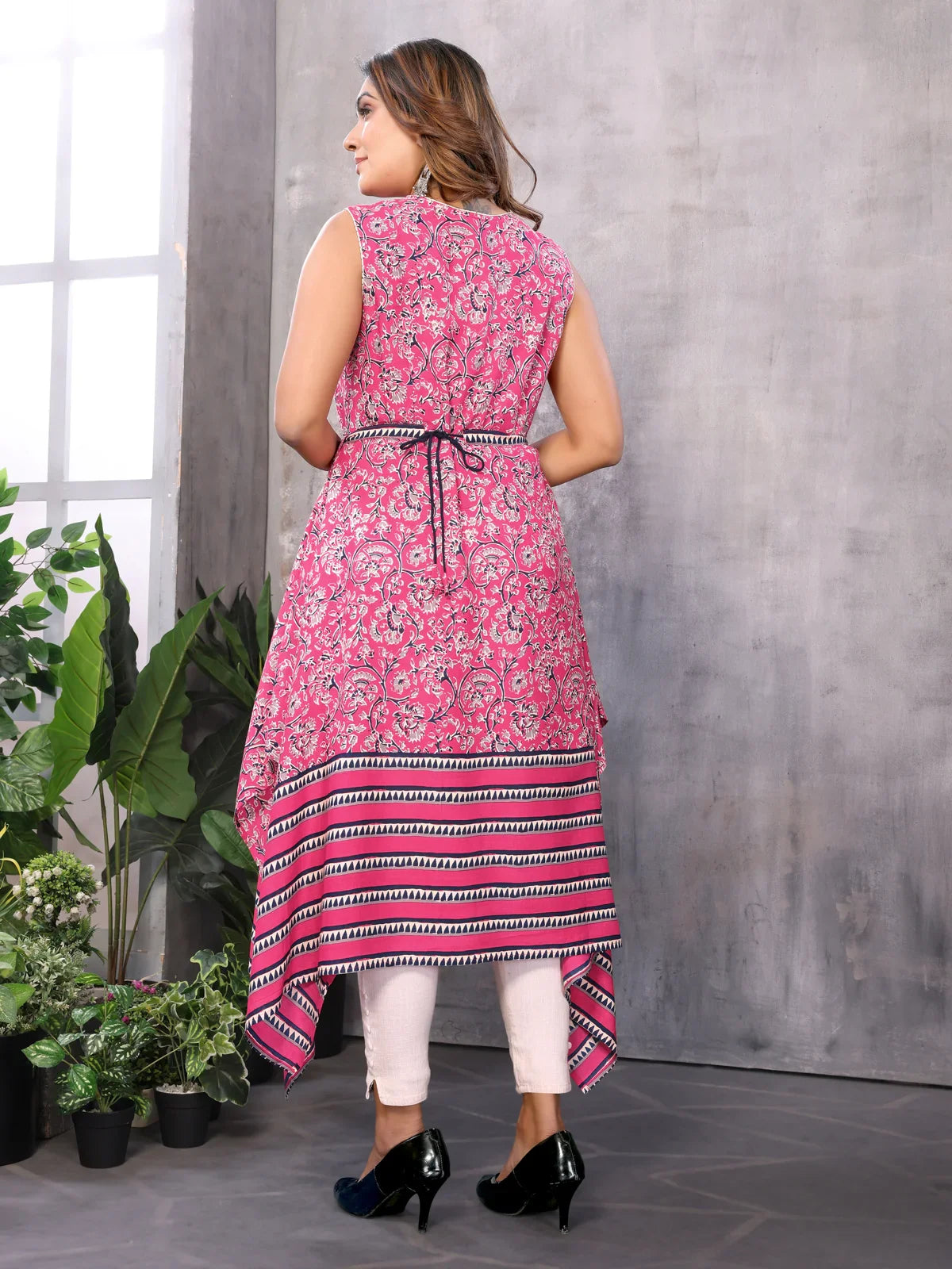 Buy Rayon Printed Calf Length Asymmetric Ethnic Dress-Pink