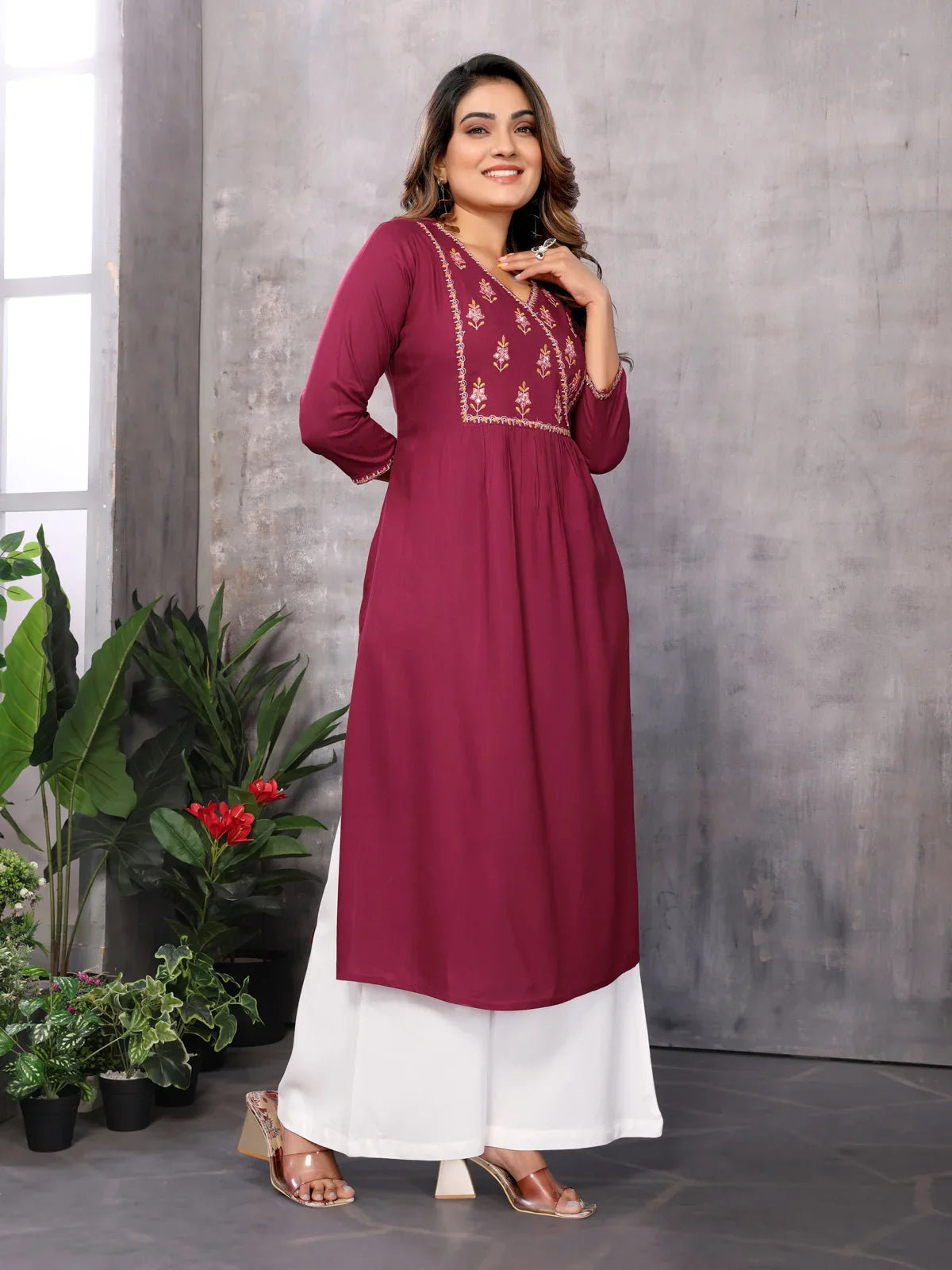 Buy Rayon Embroidered Calf Length Empire Ethnic Kurta-Maroon