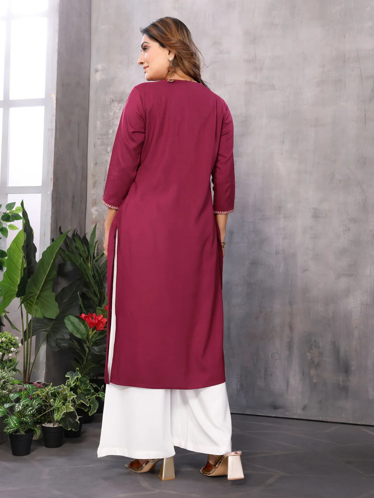 Buy Rayon Embroidered Calf Length Empire Ethnic Kurta-Maroon