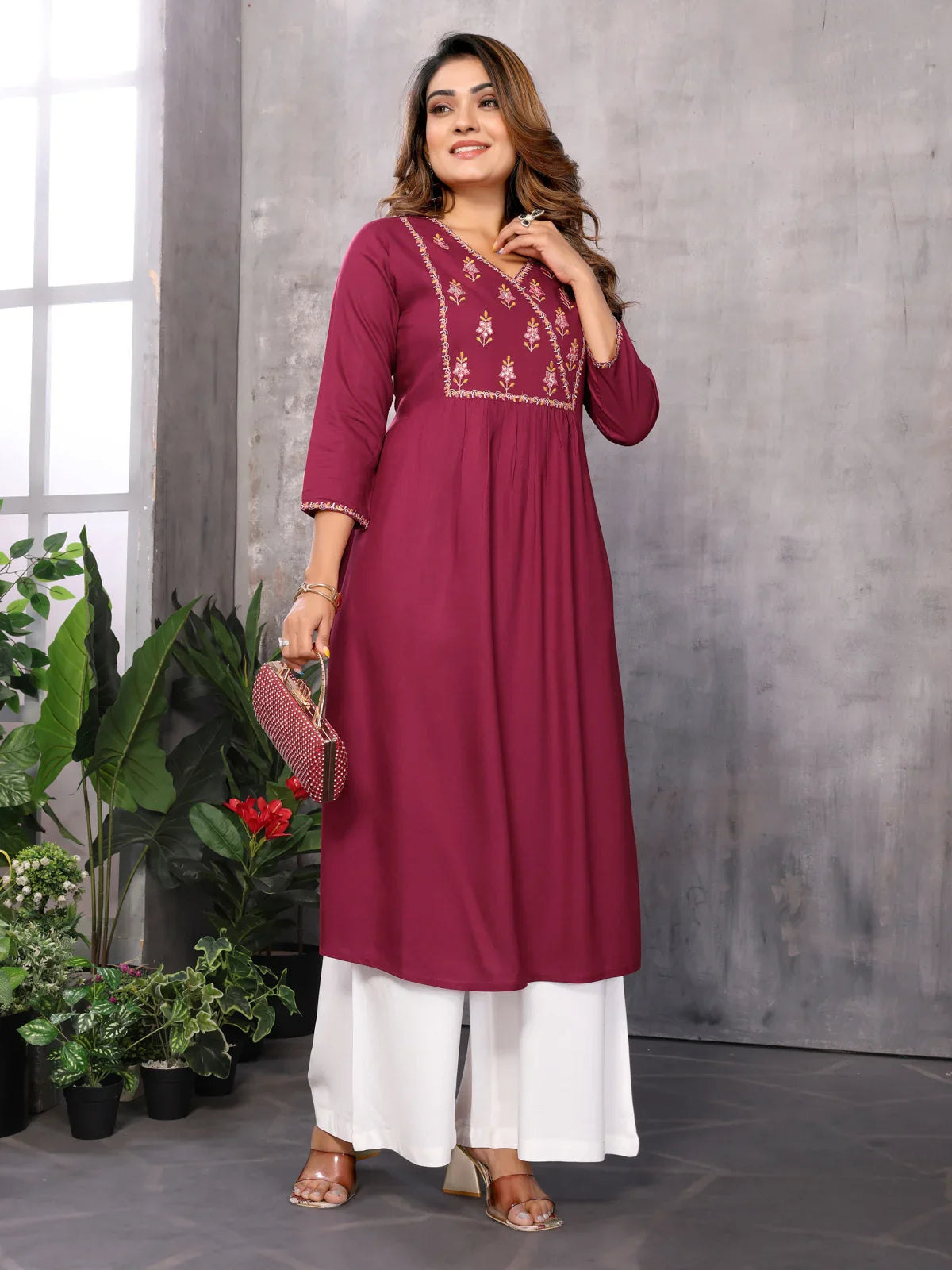 Buy Rayon Embroidered Calf Length Empire Ethnic Kurta-Maroon