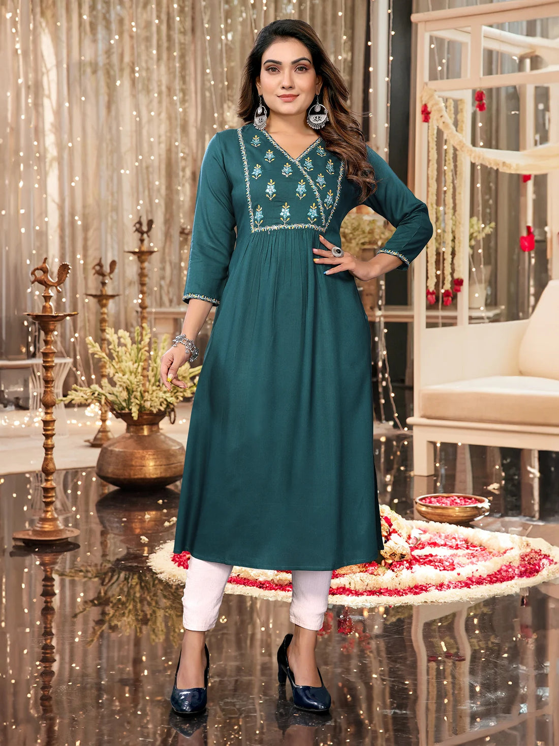 Buy Rayon Embroidered Calf Length Empire Ethnic Kurta-Blue