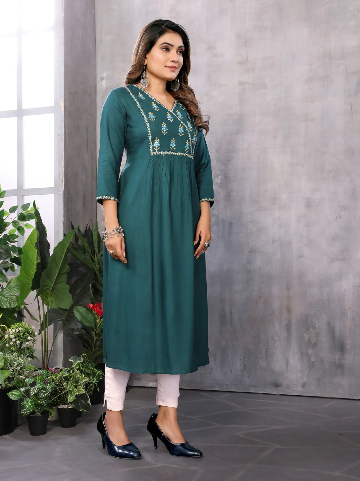 Buy Rayon Embroidered Calf Length Empire Ethnic Kurta-Blue