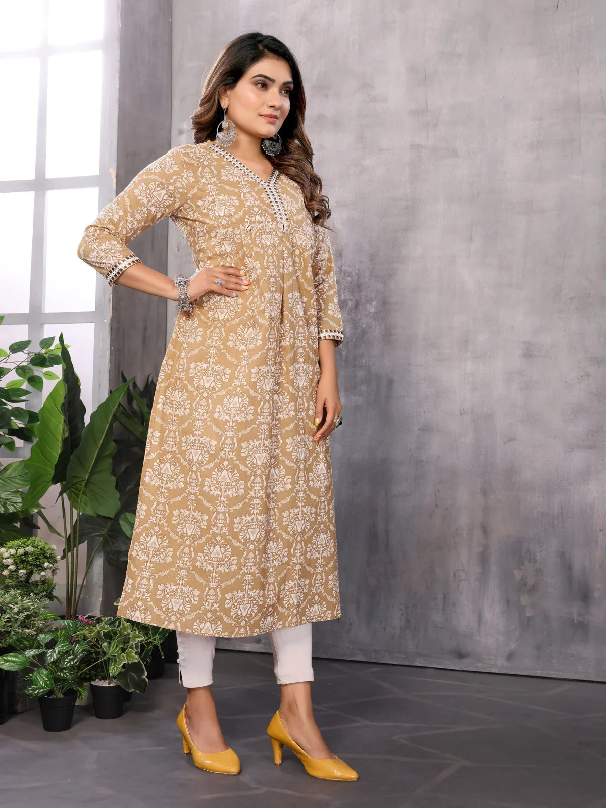 Buy Cotton Printed Calf Length Empire Ethnic Kurta-Brown