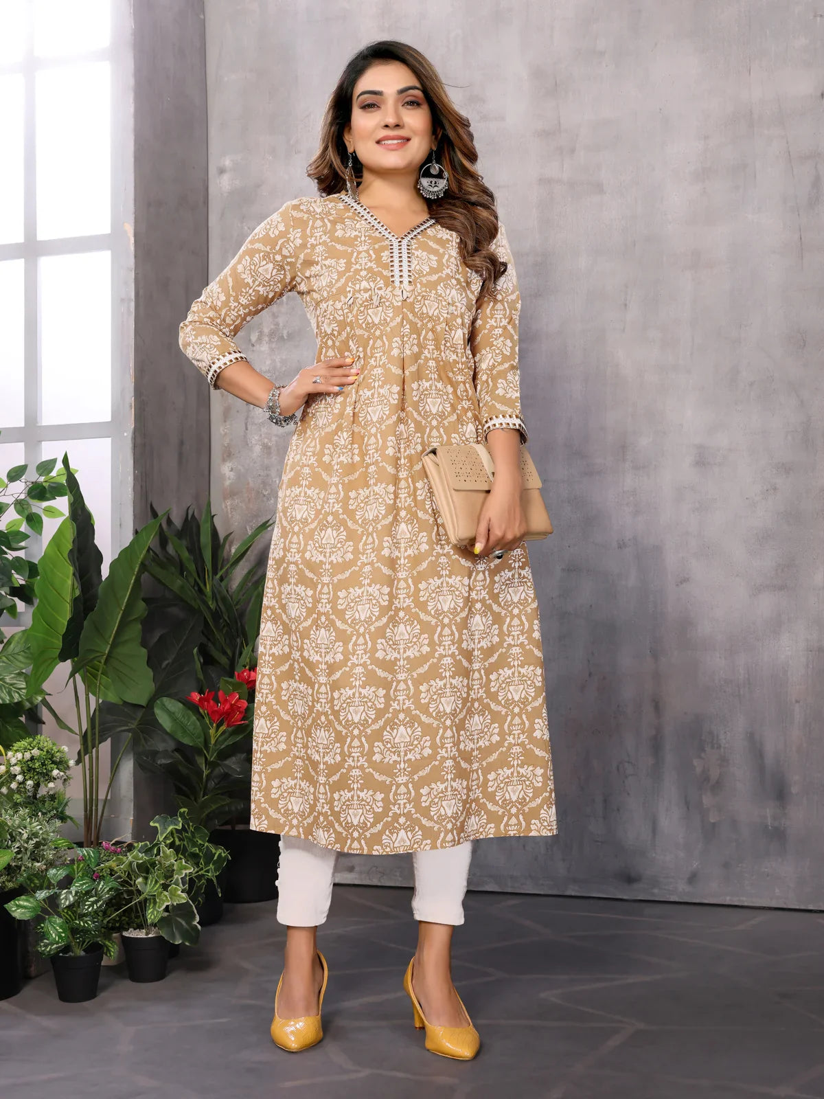 Buy Cotton Printed Calf Length Empire Ethnic Kurta-Brown