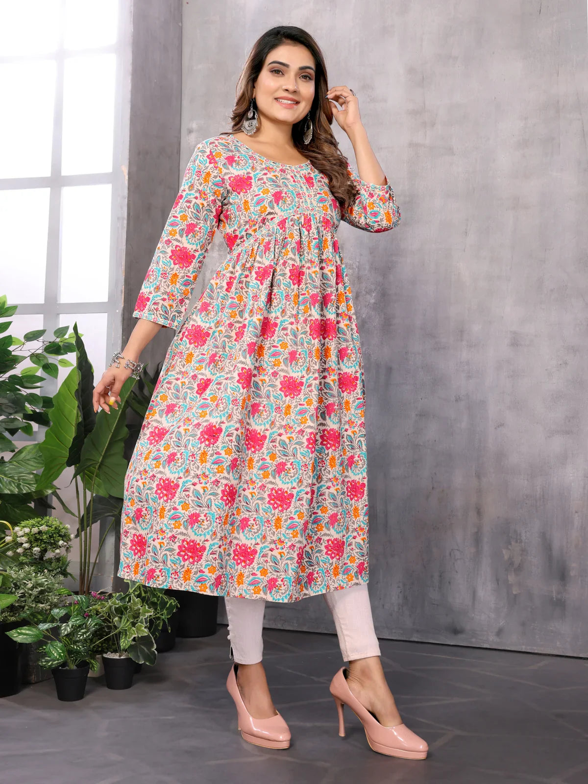 Buy Cotton Printed Calf Length Empire Ethnic Dress-Multicolor