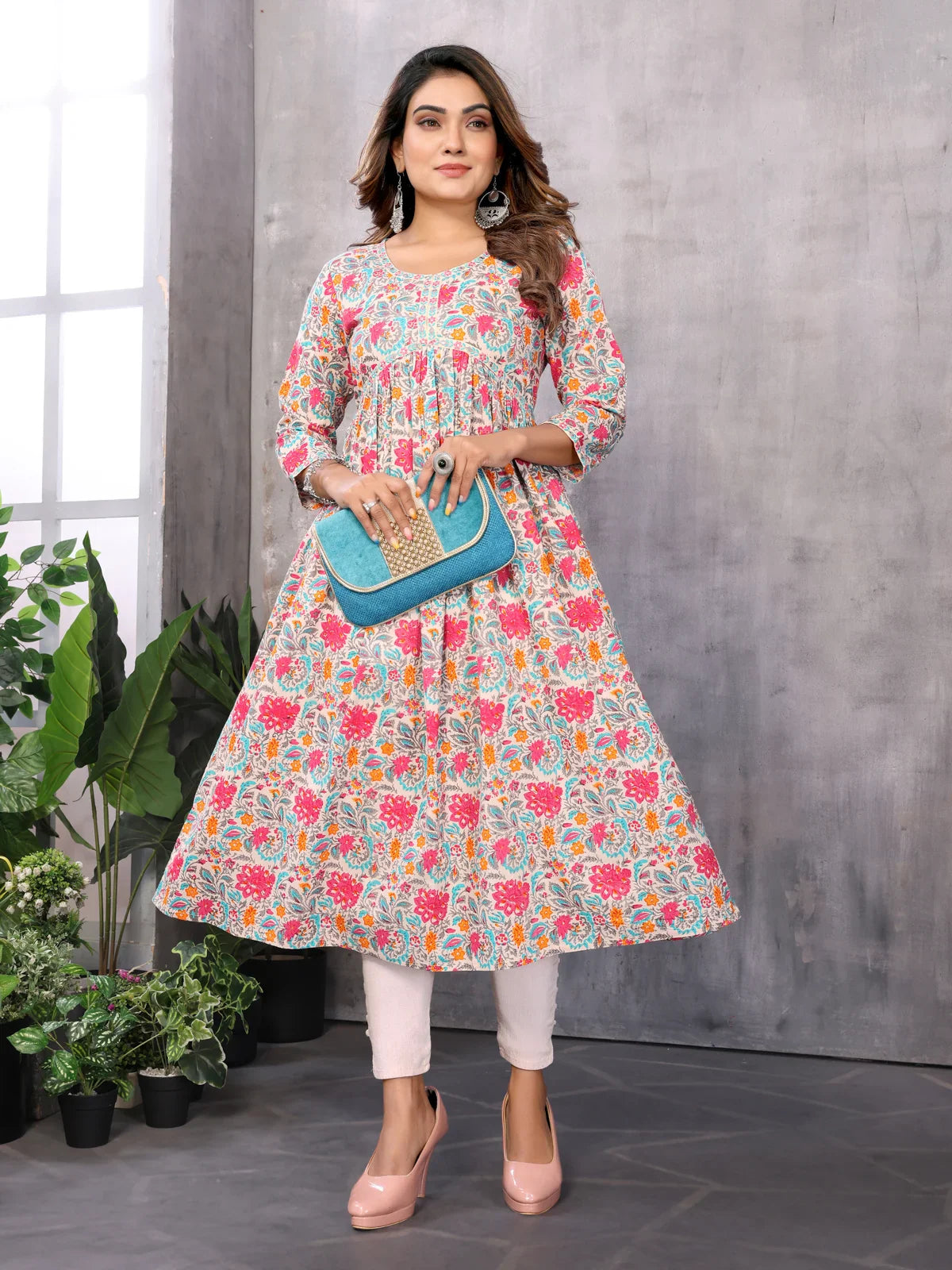 Buy Cotton Printed Calf Length Empire Ethnic Dress-Multicolor