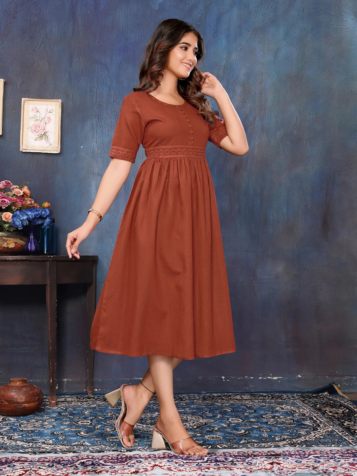 Buy Rayon Solid Calf Length Empire Ethnic Dress-Brown