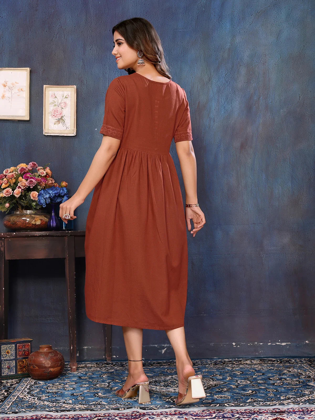 Buy Rayon Solid Calf Length Empire Ethnic Dress-Brown