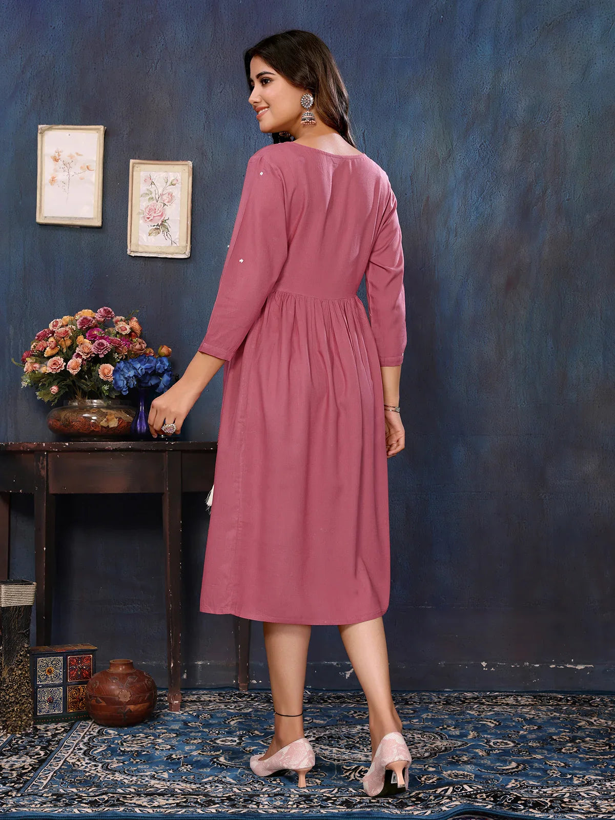 Buy Rayon Solid Calf Length Empire Ethnic Dress-Mauve