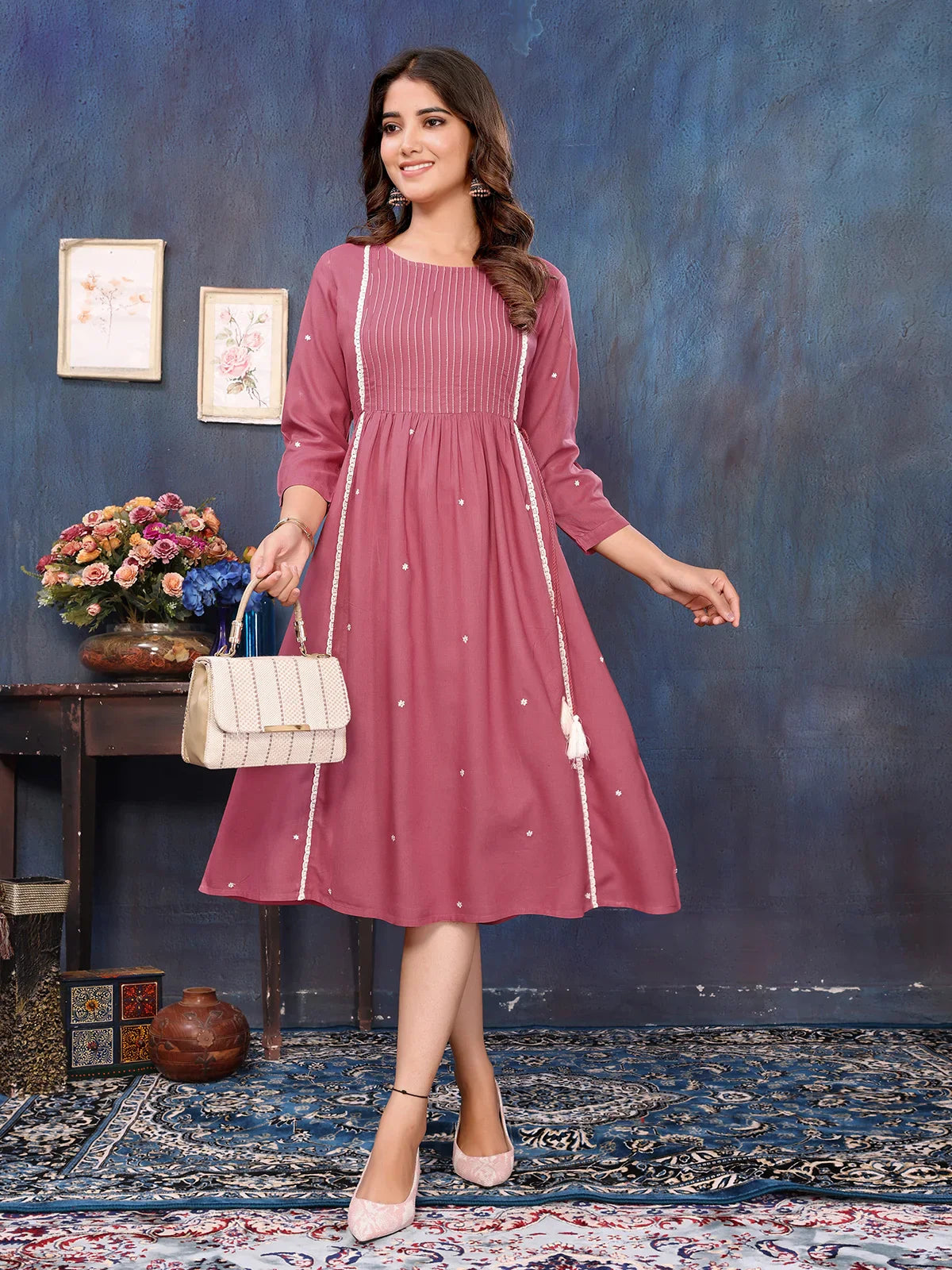 Buy Rayon Solid Calf Length Empire Ethnic Dress-Mauve