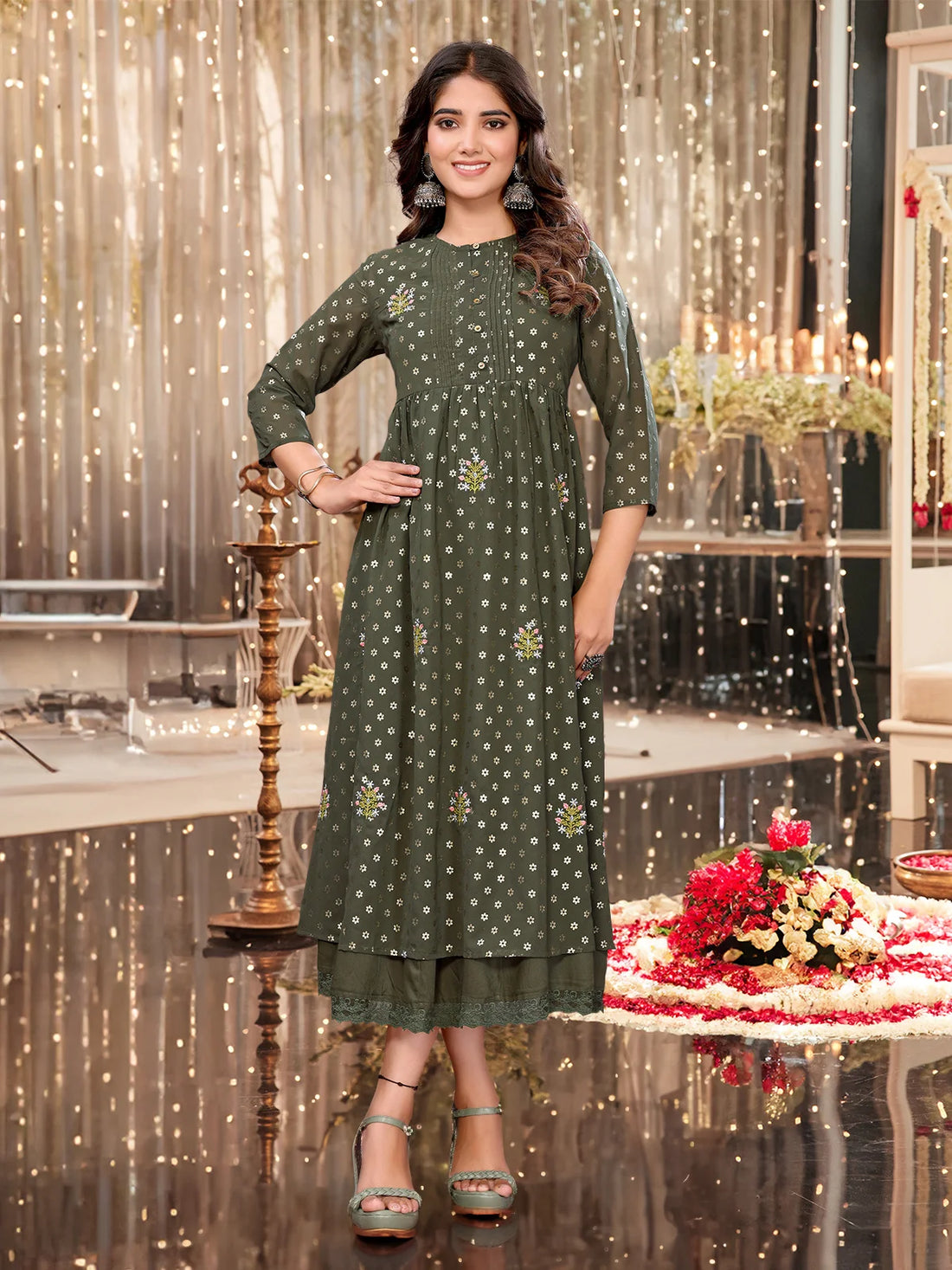 Buy Georgette Embroidered Calf Length Empire Ethnic Dress-Olive