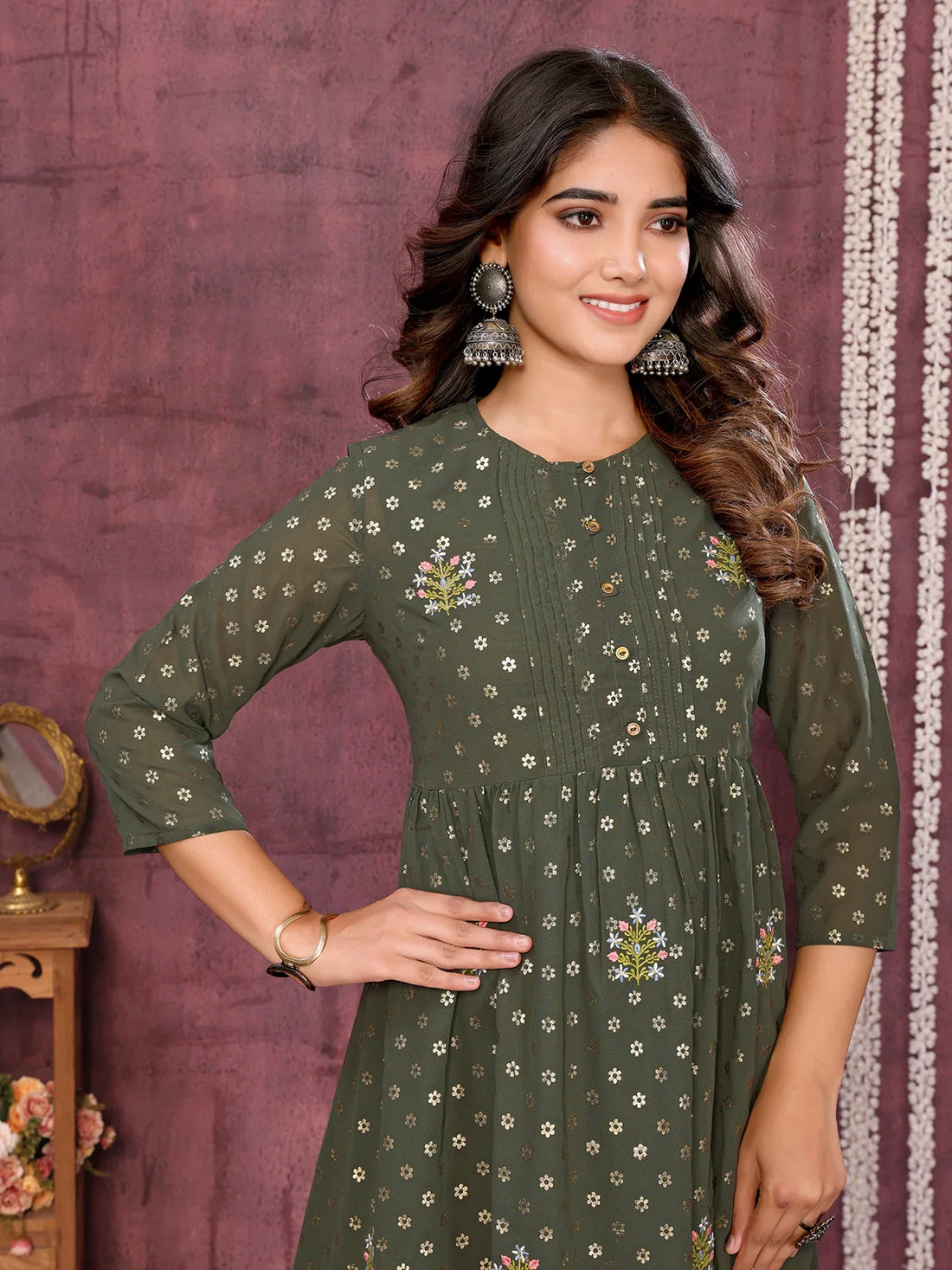 Buy Georgette Embroidered Calf Length Empire Ethnic Dress-Olive