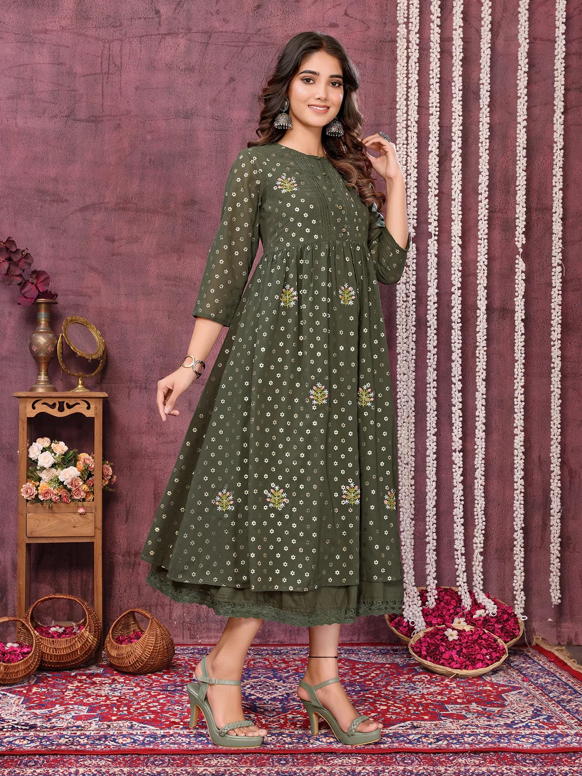 Buy Georgette Embroidered Calf Length Empire Ethnic Dress-Olive