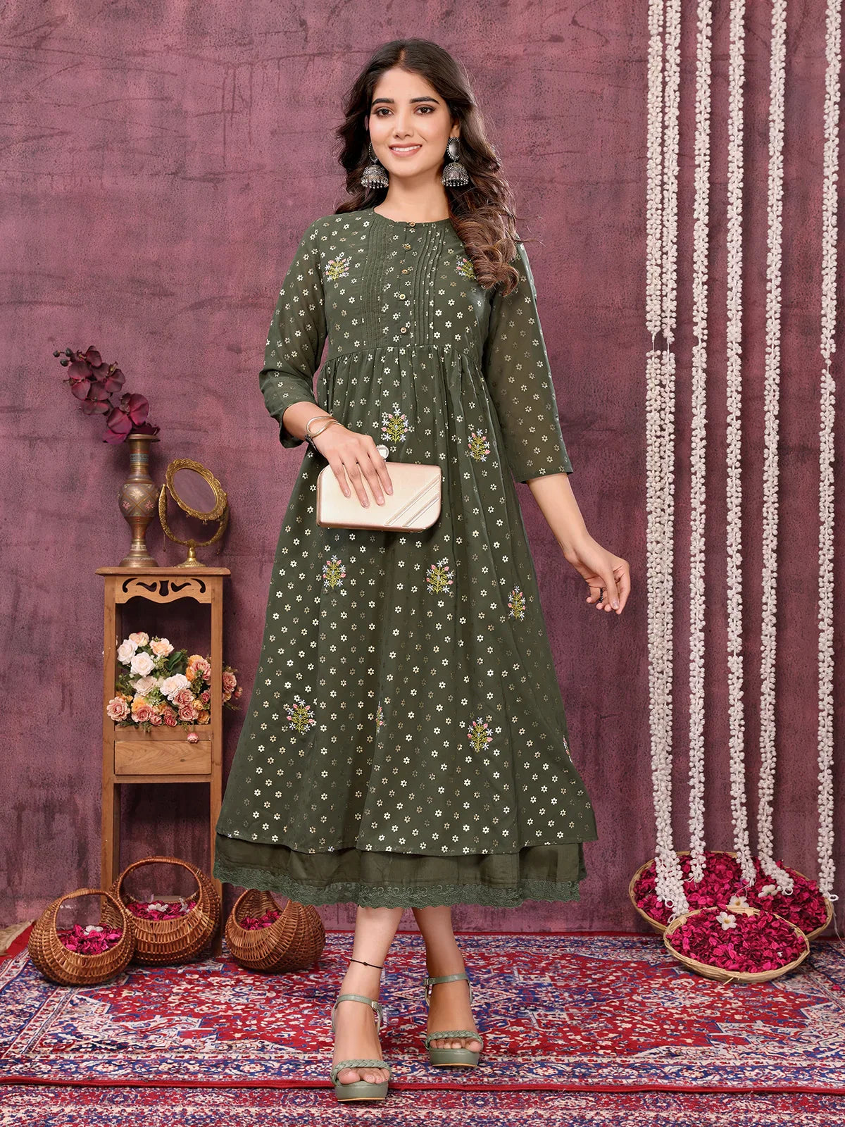 Buy Georgette Embroidered Calf Length Empire Ethnic Dress-Olive