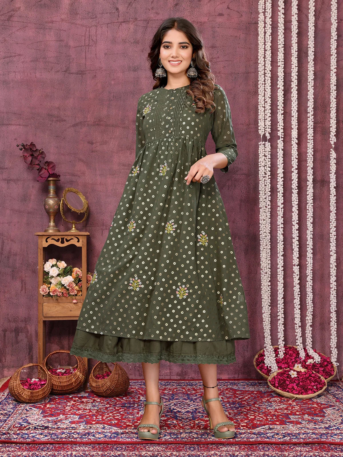 Buy Georgette Embroidered Calf Length Empire Ethnic Dress-Olive