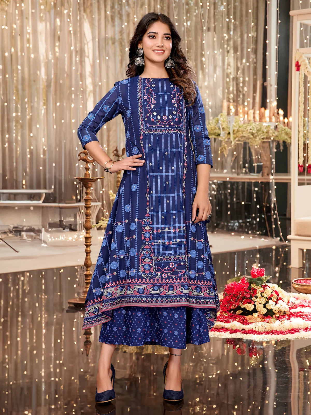 Buy Chanderi Embroidered Calf Length Asymmetric Ethnic Dress-Blue