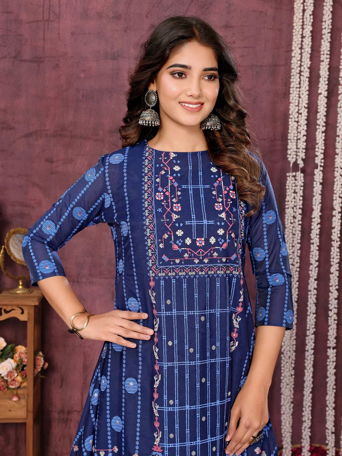 Buy Chanderi Embroidered Calf Length Asymmetric Ethnic Dress-Blue