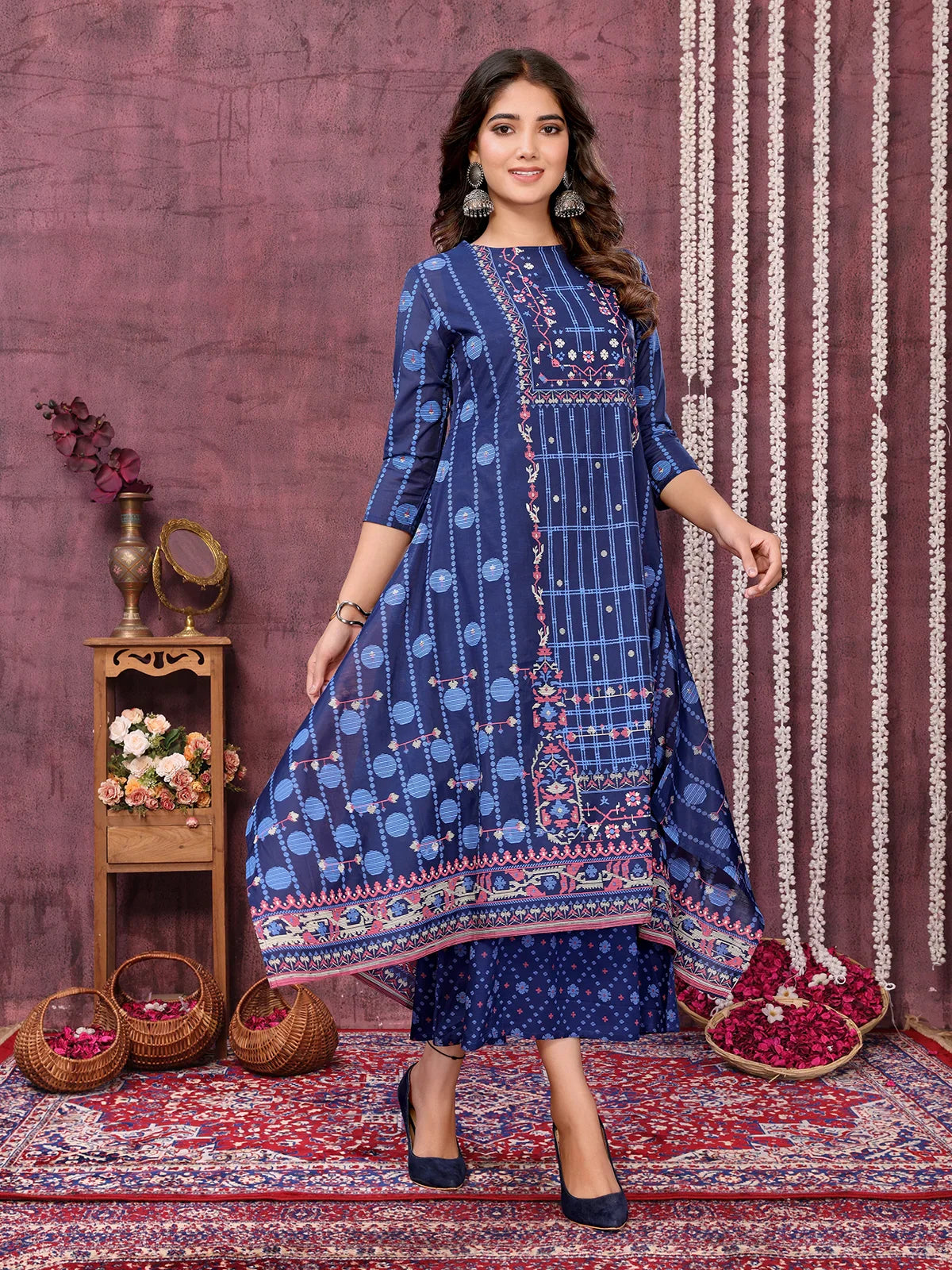 Buy Chanderi Embroidered Calf Length Asymmetric Ethnic Dress-Blue