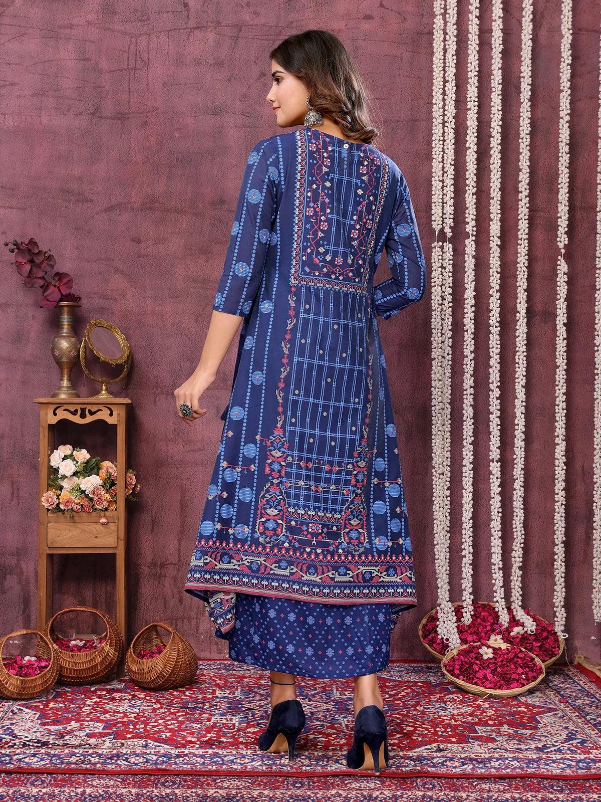 Buy Chanderi Embroidered Calf Length Asymmetric Ethnic Dress-Blue