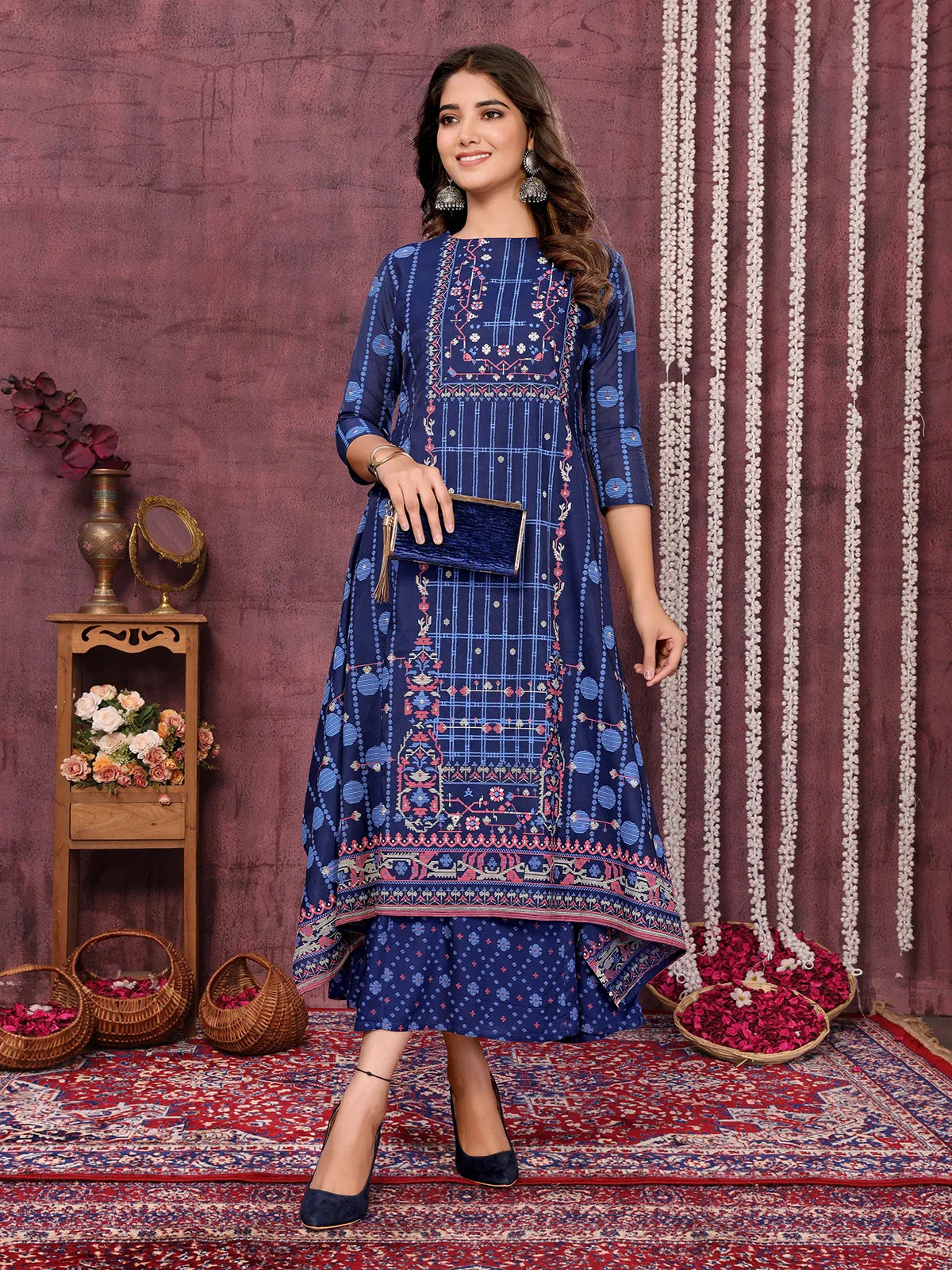 Buy Chanderi Embroidered Calf Length Asymmetric Ethnic Dress-Blue