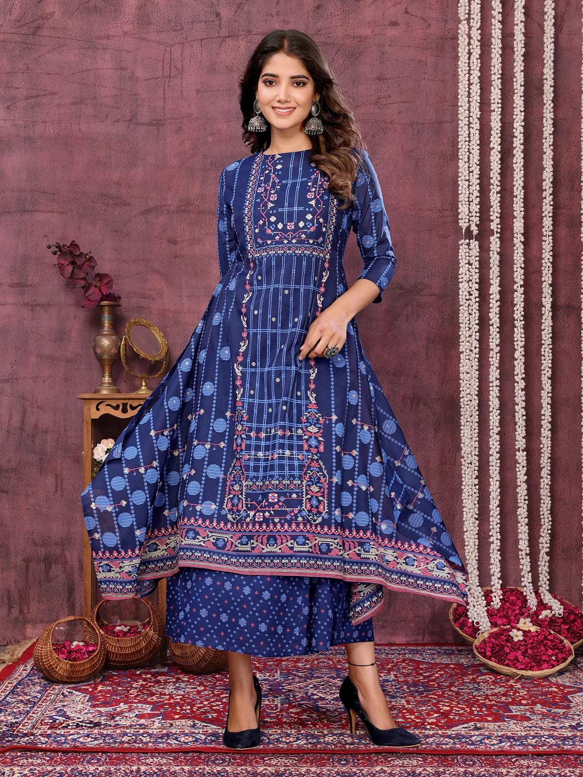 Buy Chanderi Embroidered Calf Length Asymmetric Ethnic Dress-Blue