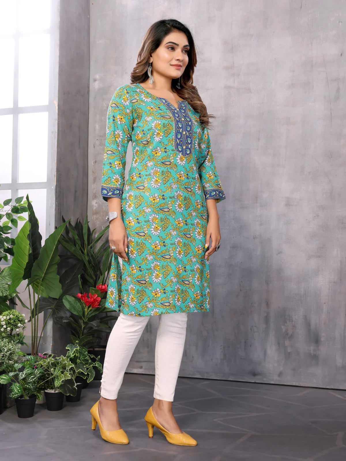 Buy Cotton Printed Straight Knee Length Kurti-Sea Green