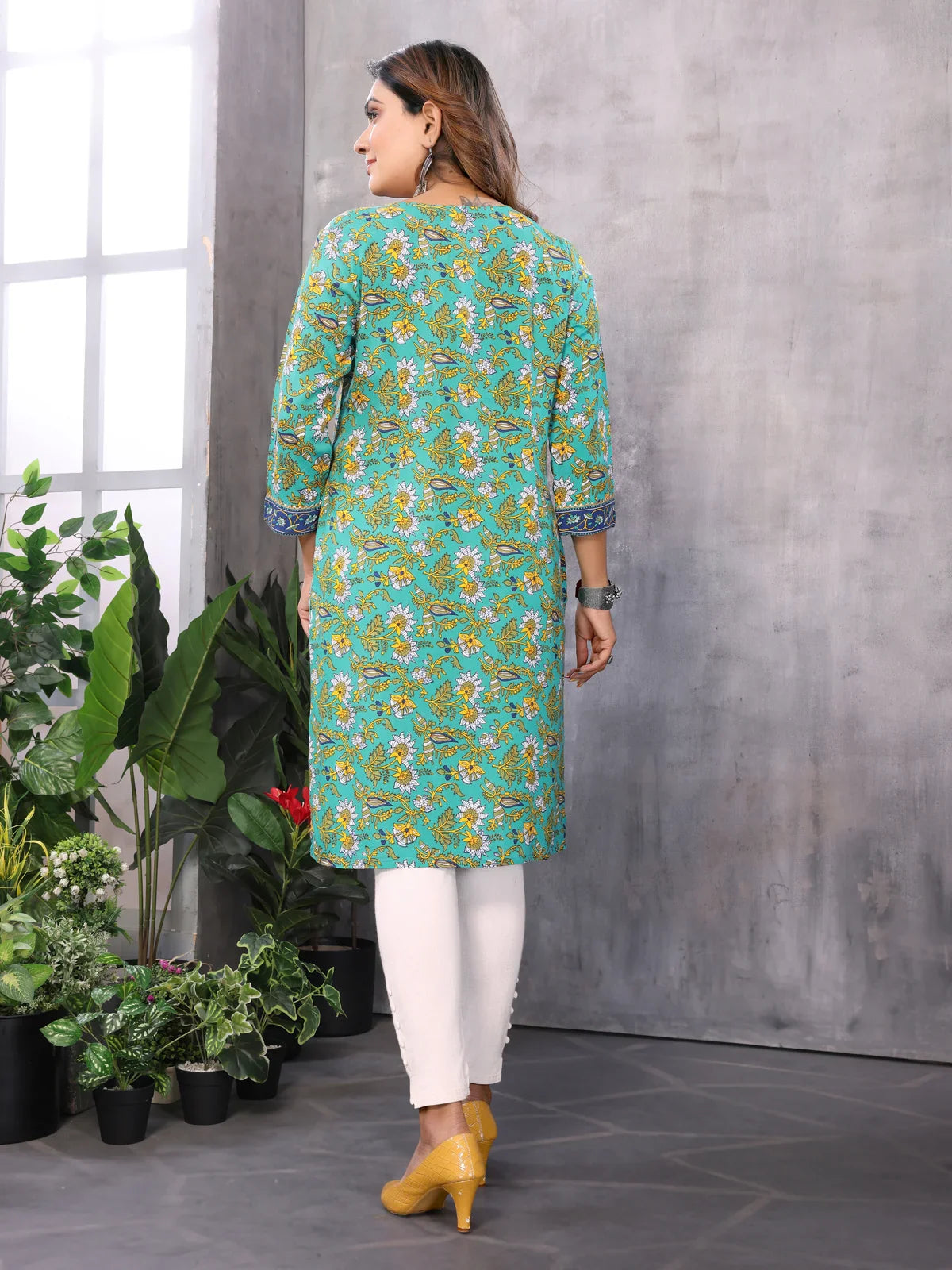 Buy Cotton Printed Straight Knee Length Kurti-Sea Green