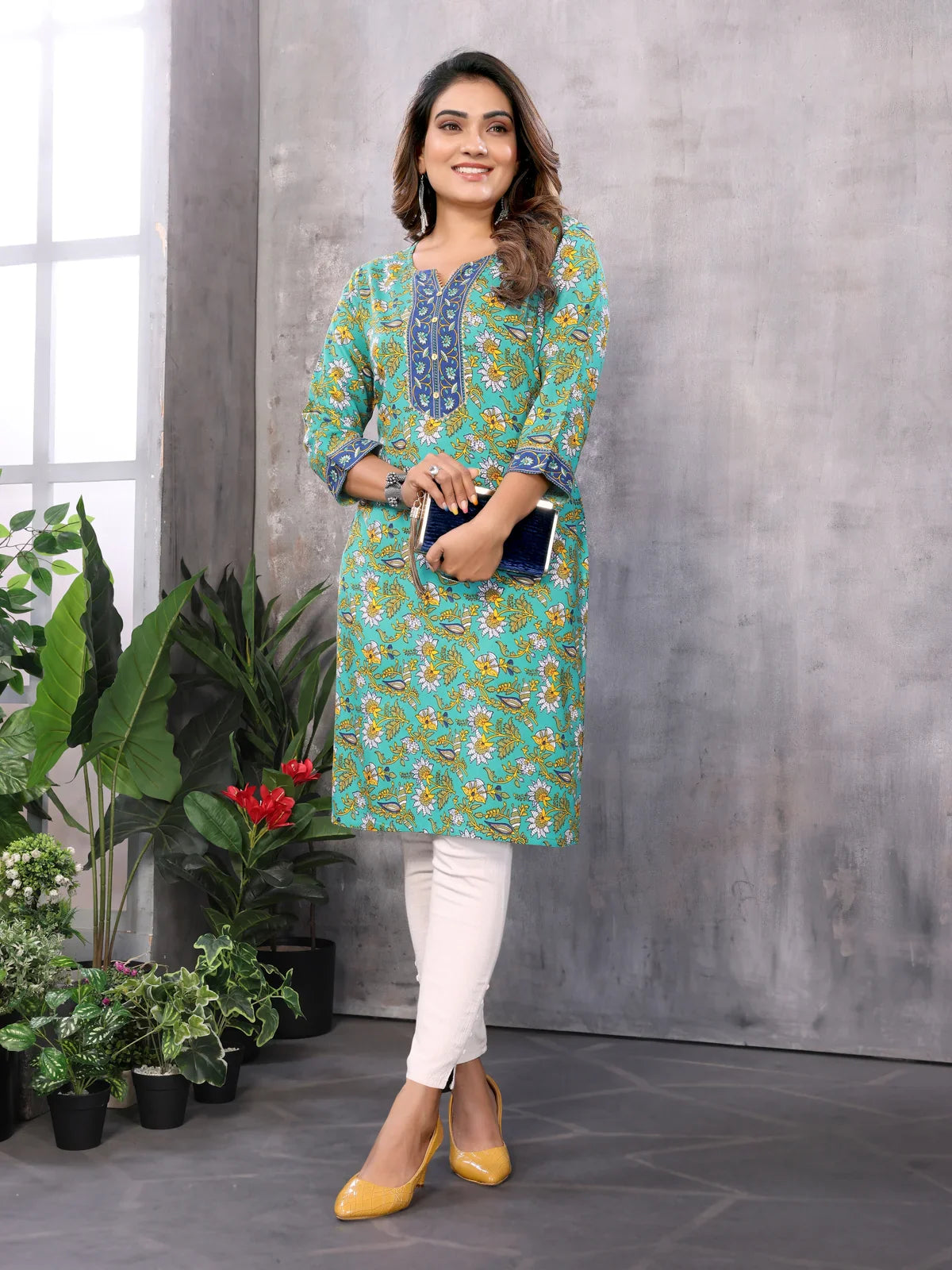 Buy Cotton Printed Straight Knee Length Kurti-Sea Green