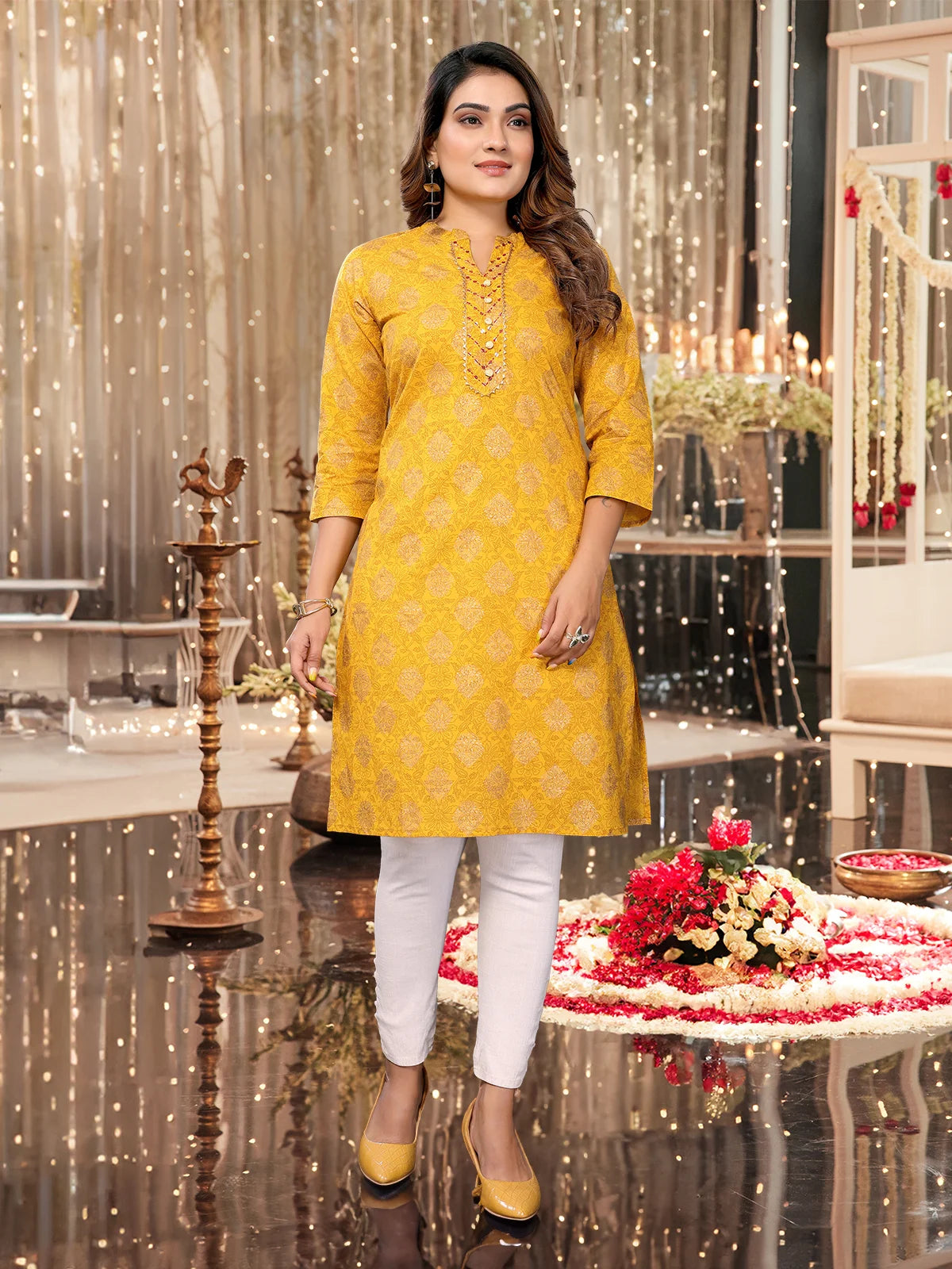 Buy Cotton Embroidered Straight Knee Length Kurti-Mustard