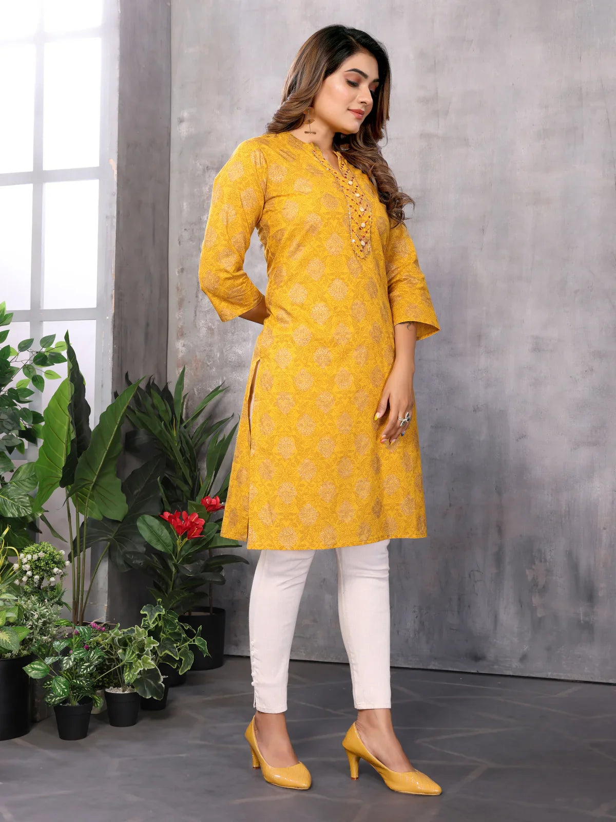 Buy Cotton Embroidered Straight Knee Length Kurti-Mustard