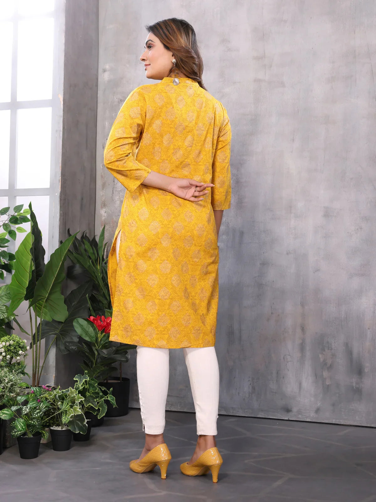 Buy Cotton Embroidered Straight Knee Length Kurti-Mustard