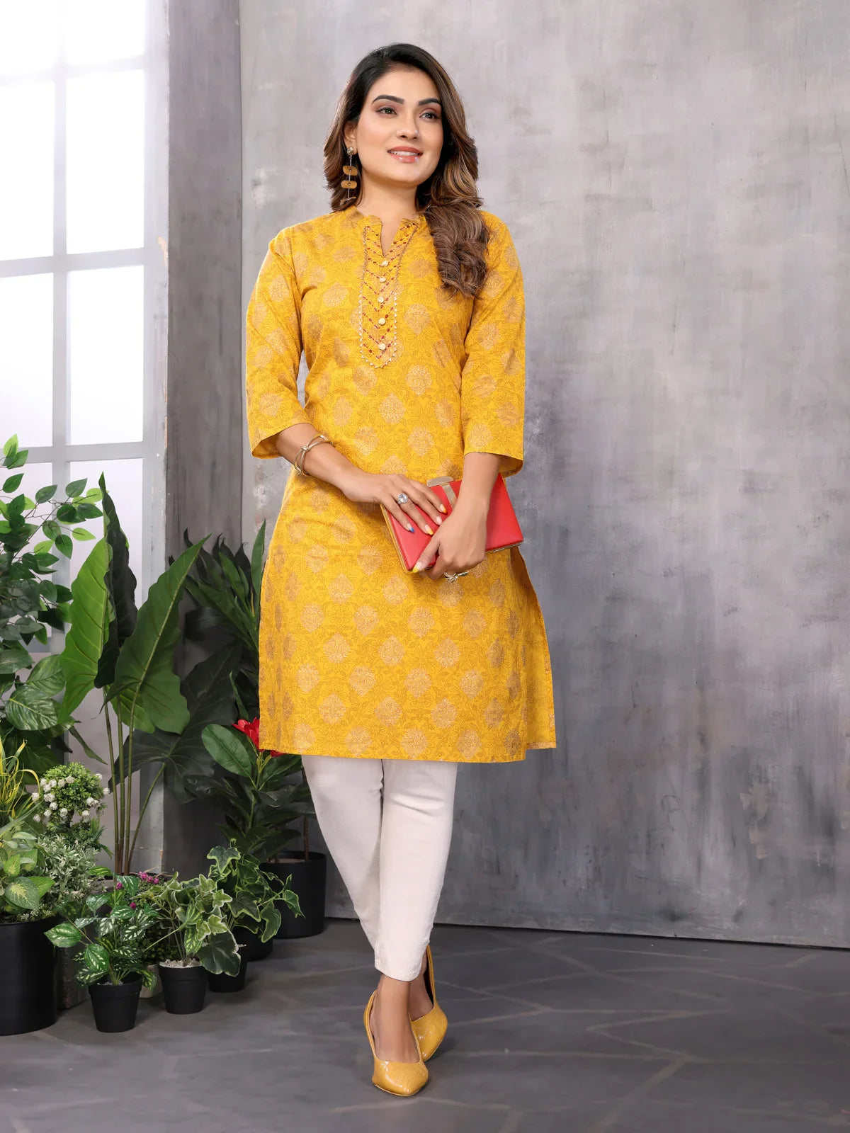 Buy Cotton Embroidered Straight Knee Length Kurti-Mustard