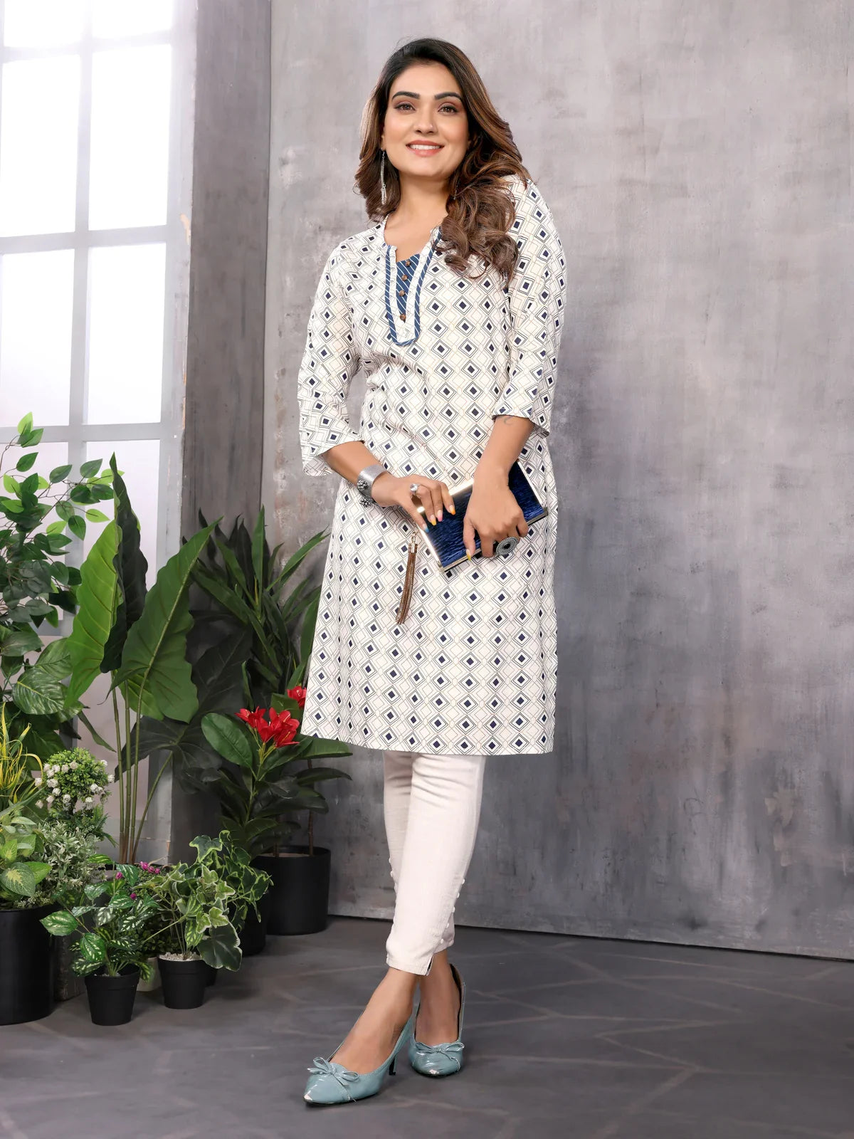 Buy Rayon Printed Straight Knee Length Kurti-White