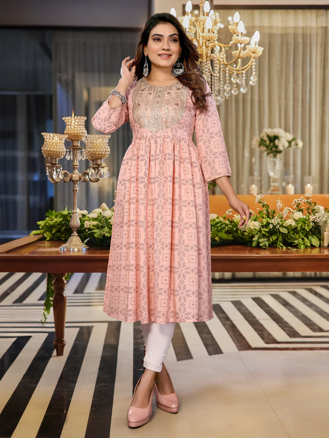 Buy Rayon Embroidered Flared Calf Length Kurti-Peach