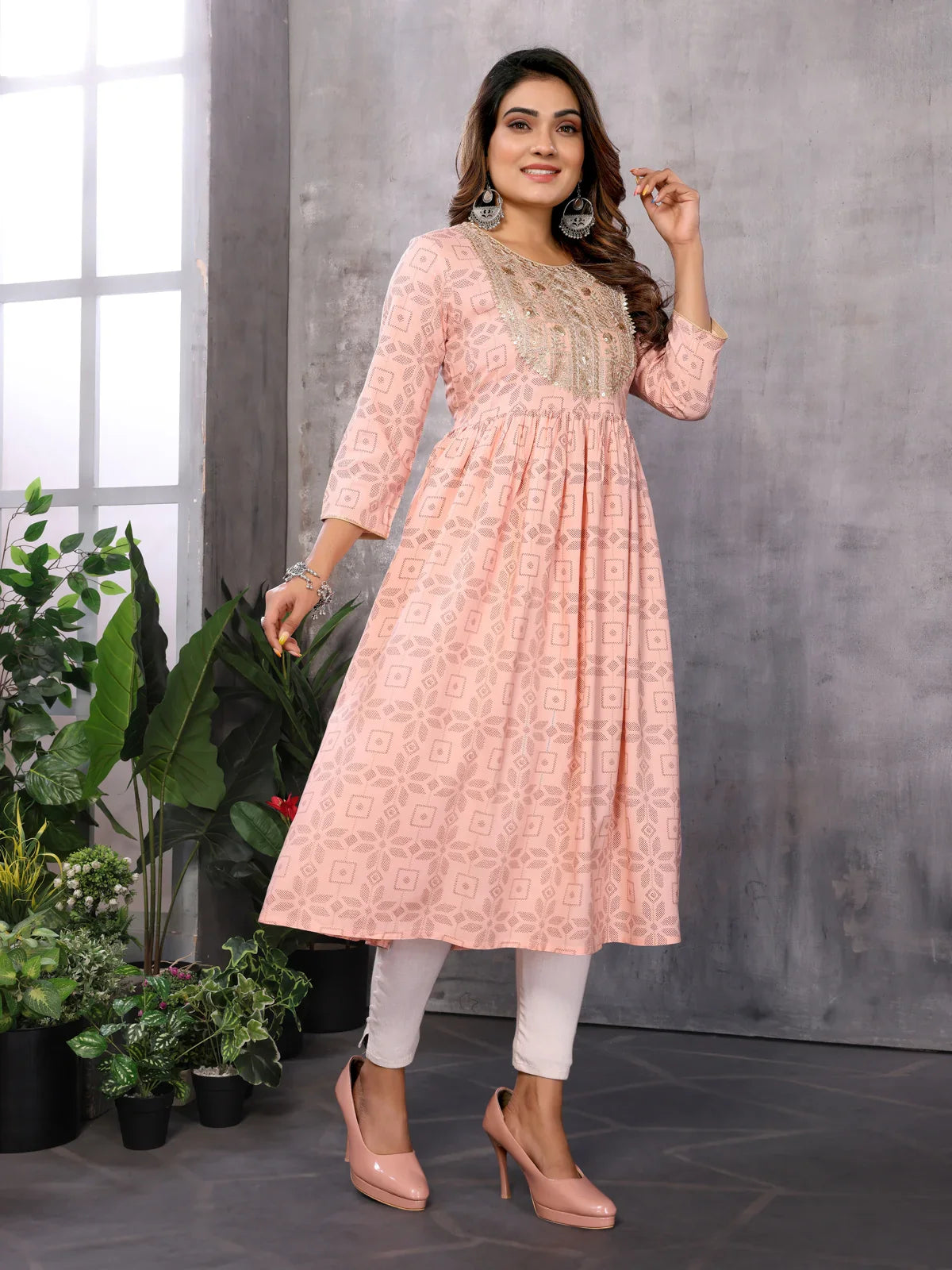 Buy Rayon Embroidered Flared Calf Length Kurti-Peach