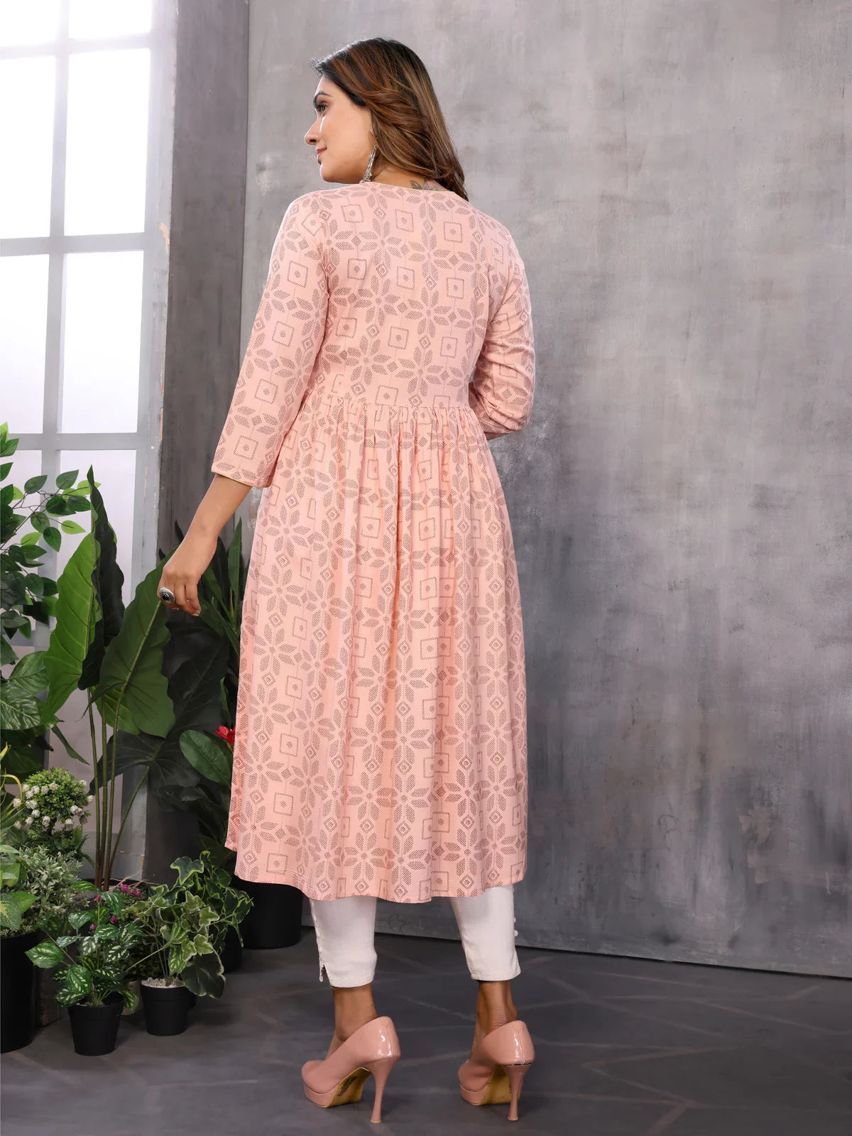 Buy Rayon Embroidered Flared Calf Length Kurti-Peach