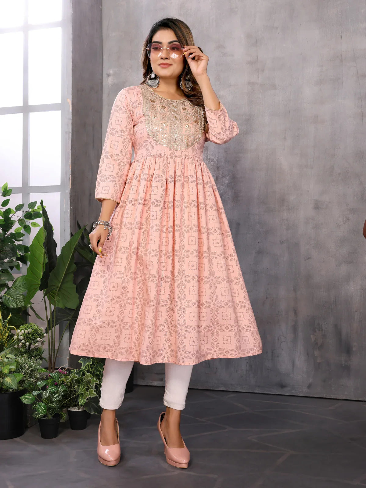 Buy Rayon Embroidered Flared Calf Length Kurti-Peach