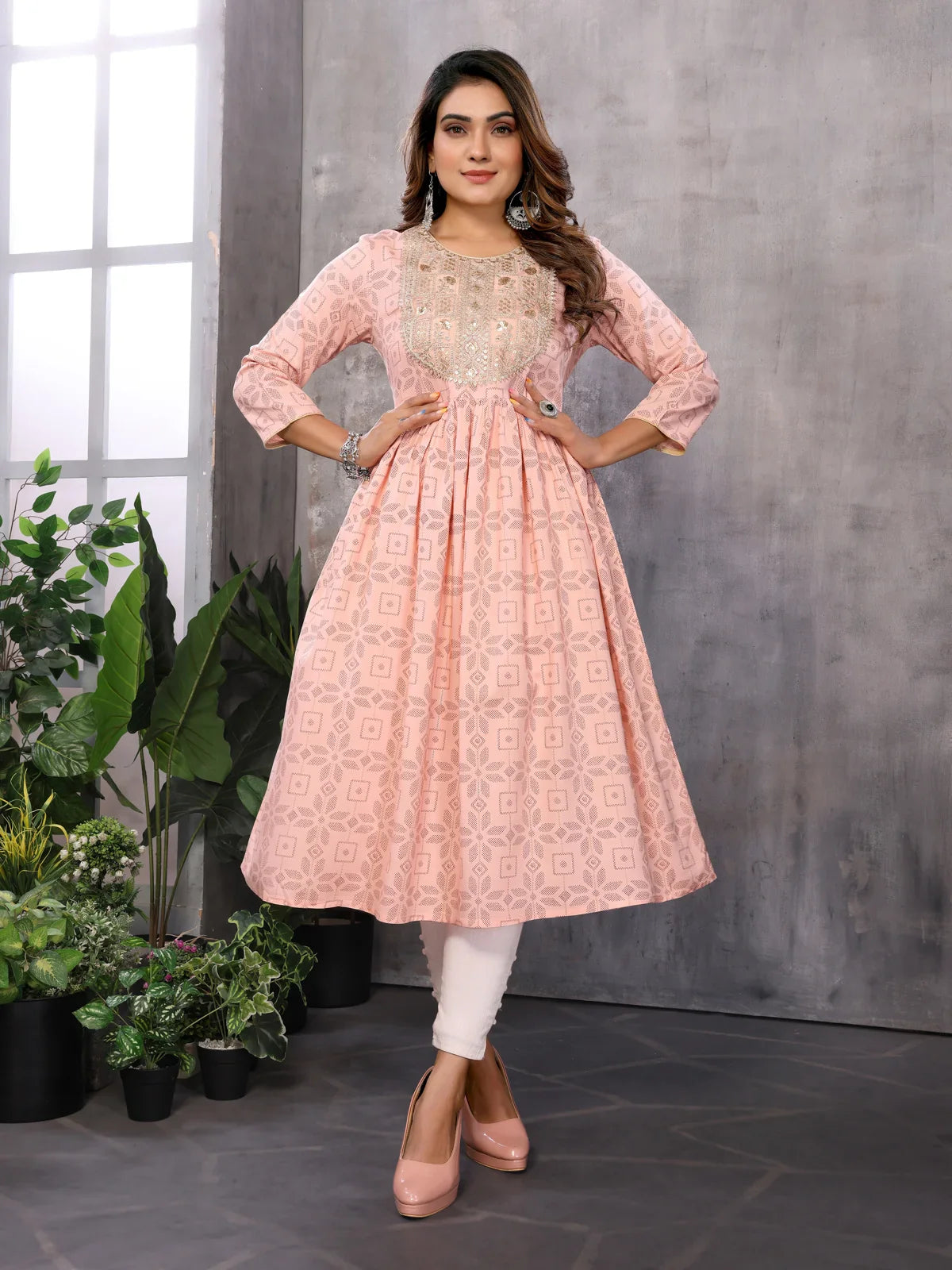 Buy Rayon Embroidered Flared Calf Length Kurti-Peach