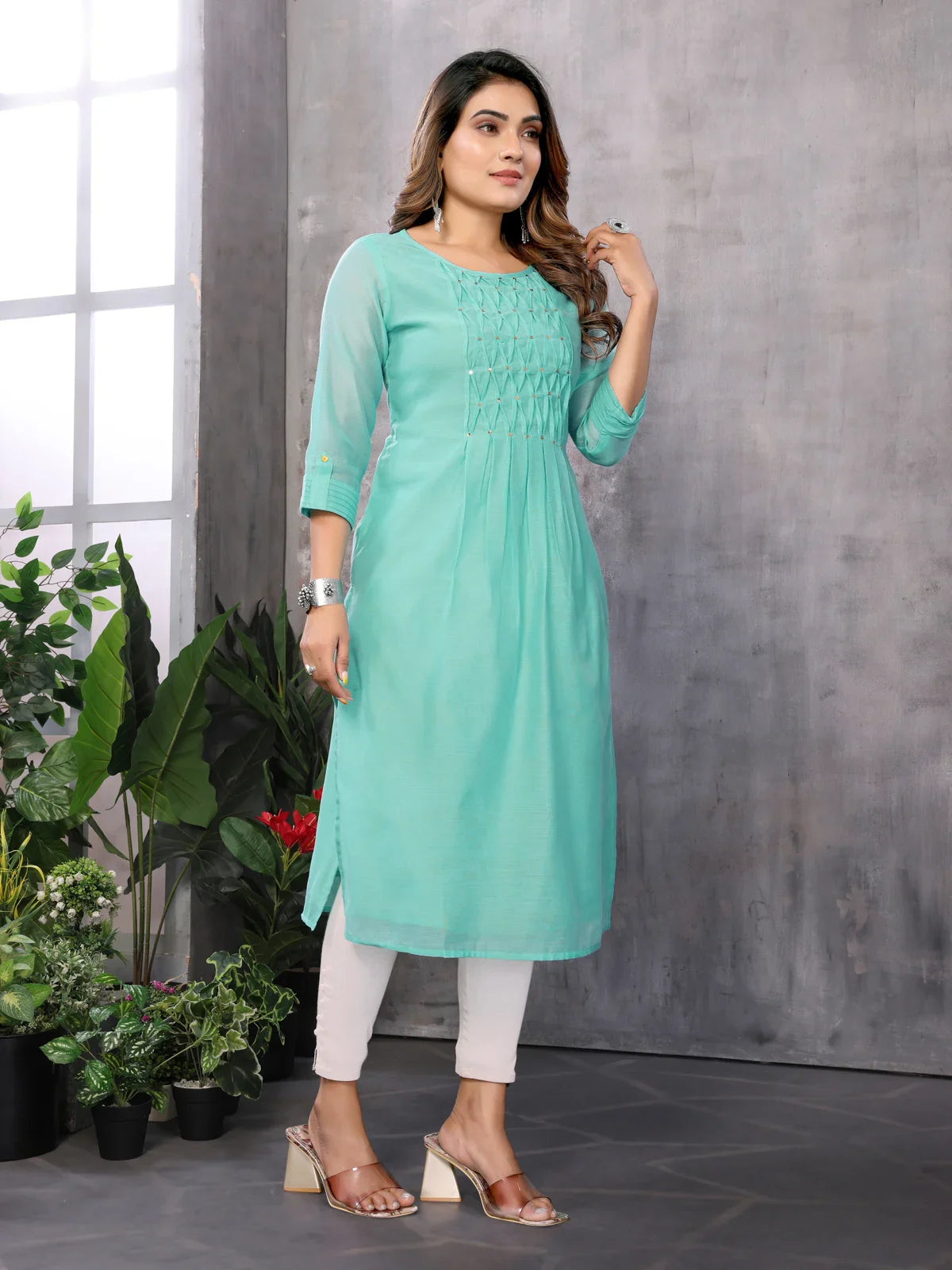 Buy Chanderi Solid A-line Calf Length Kurti-Sea Green