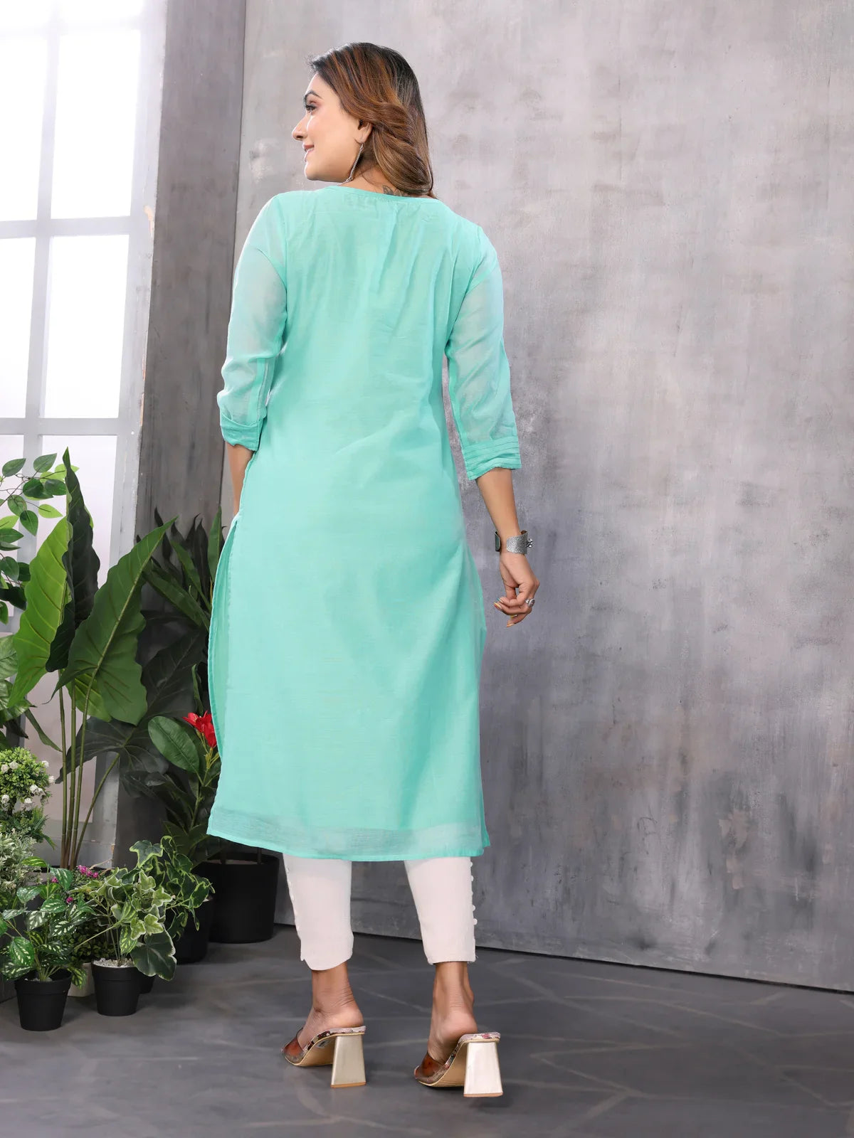 Buy Chanderi Solid A-line Calf Length Kurti-Sea Green