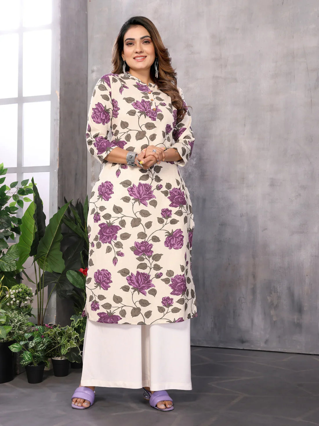 Buy Cotton Printed Straight Calf Length Kurti-Purple