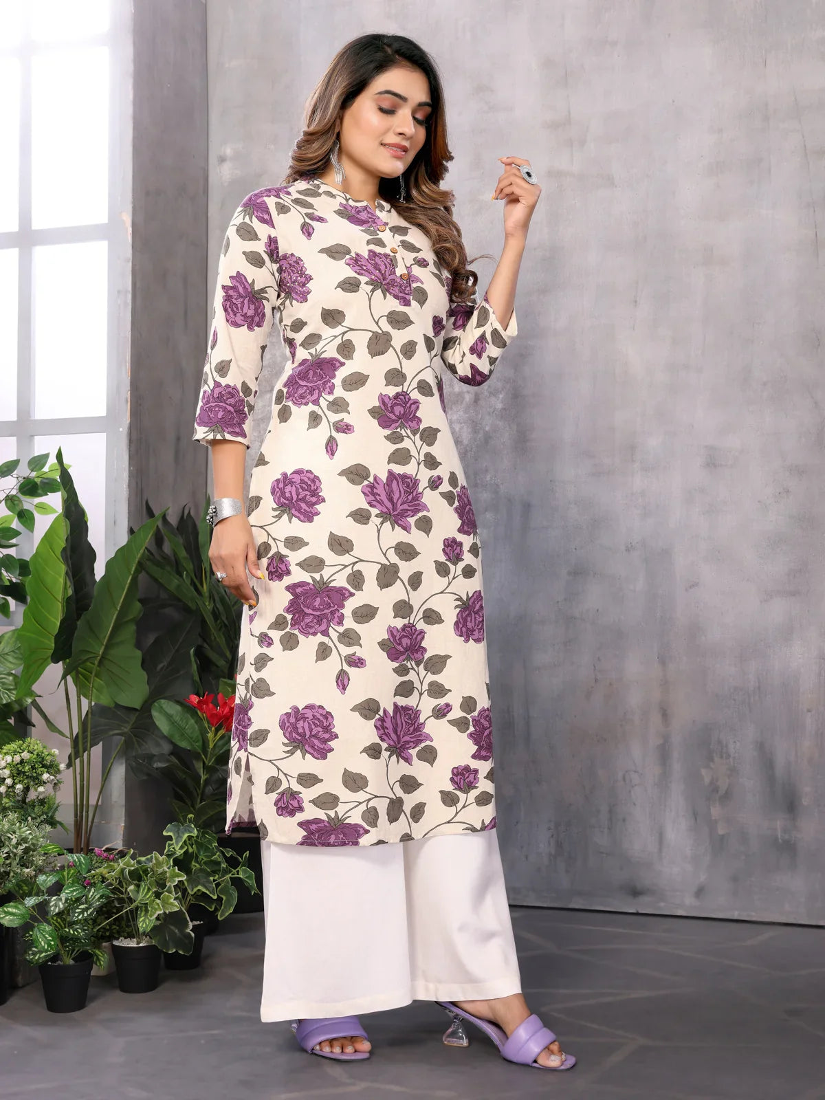 Buy Cotton Printed Straight Calf Length Kurti-Purple