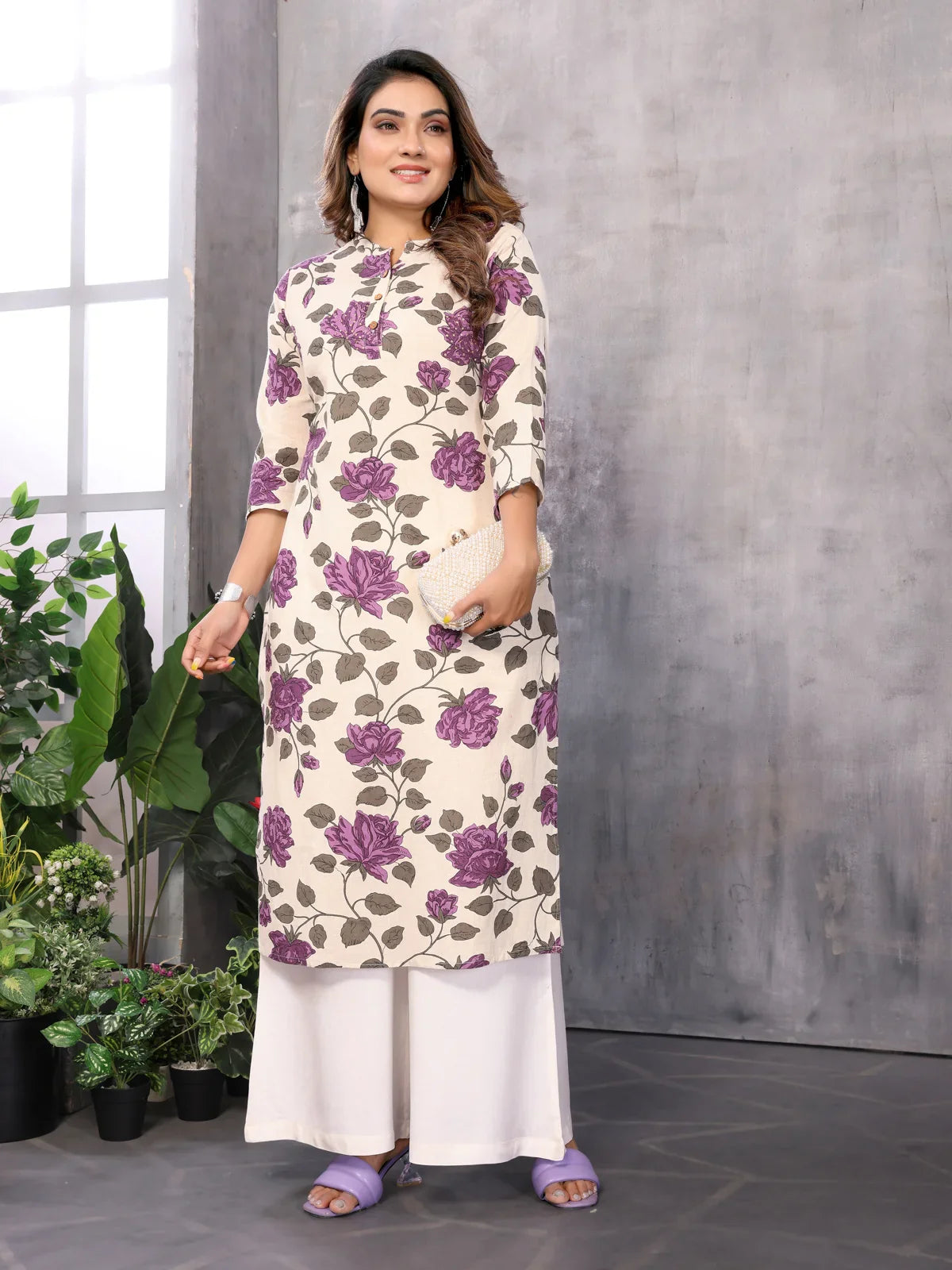 Buy Cotton Printed Straight Calf Length Kurti-Purple