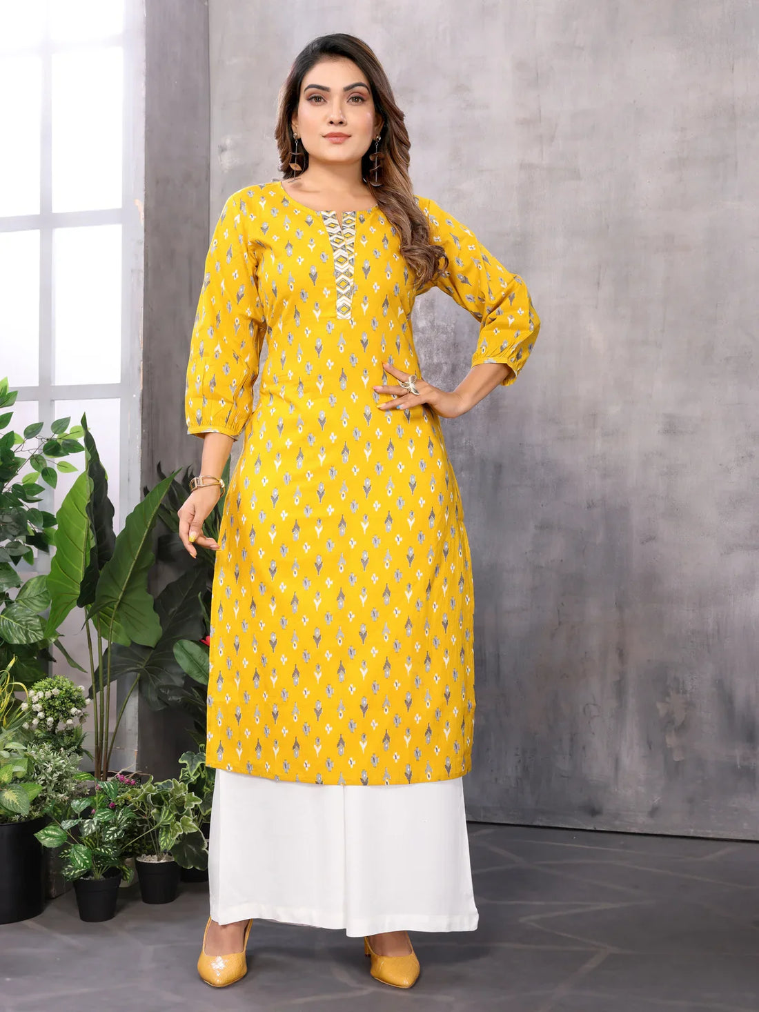 Buy Cotton Printed Straight Calf Length Kurti-Yellow