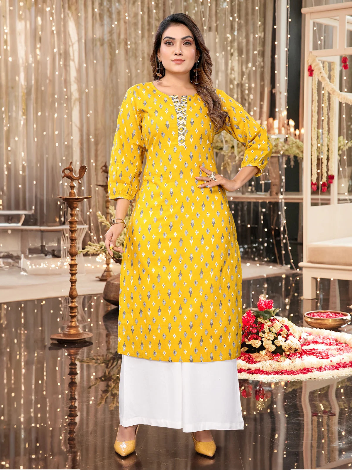 Buy Cotton Printed Straight Calf Length Kurti-Yellow